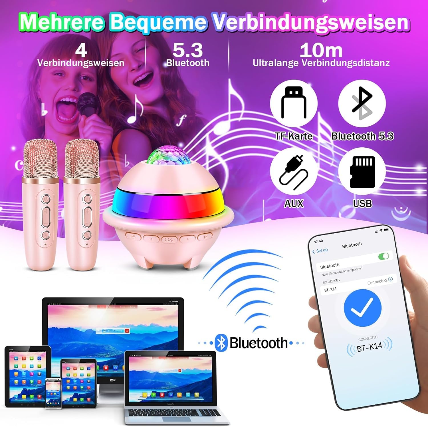 JONRRYIN Zestaw do karaoke z 2 mikrofonami, przenośna maszyna do karaoke Bluetooth dla dzieci ze światłem dyskotekowym i 5 efektami dźwiękowymi, głośnik Bluetooth dla dzieci, muzyka, prezent na Boże