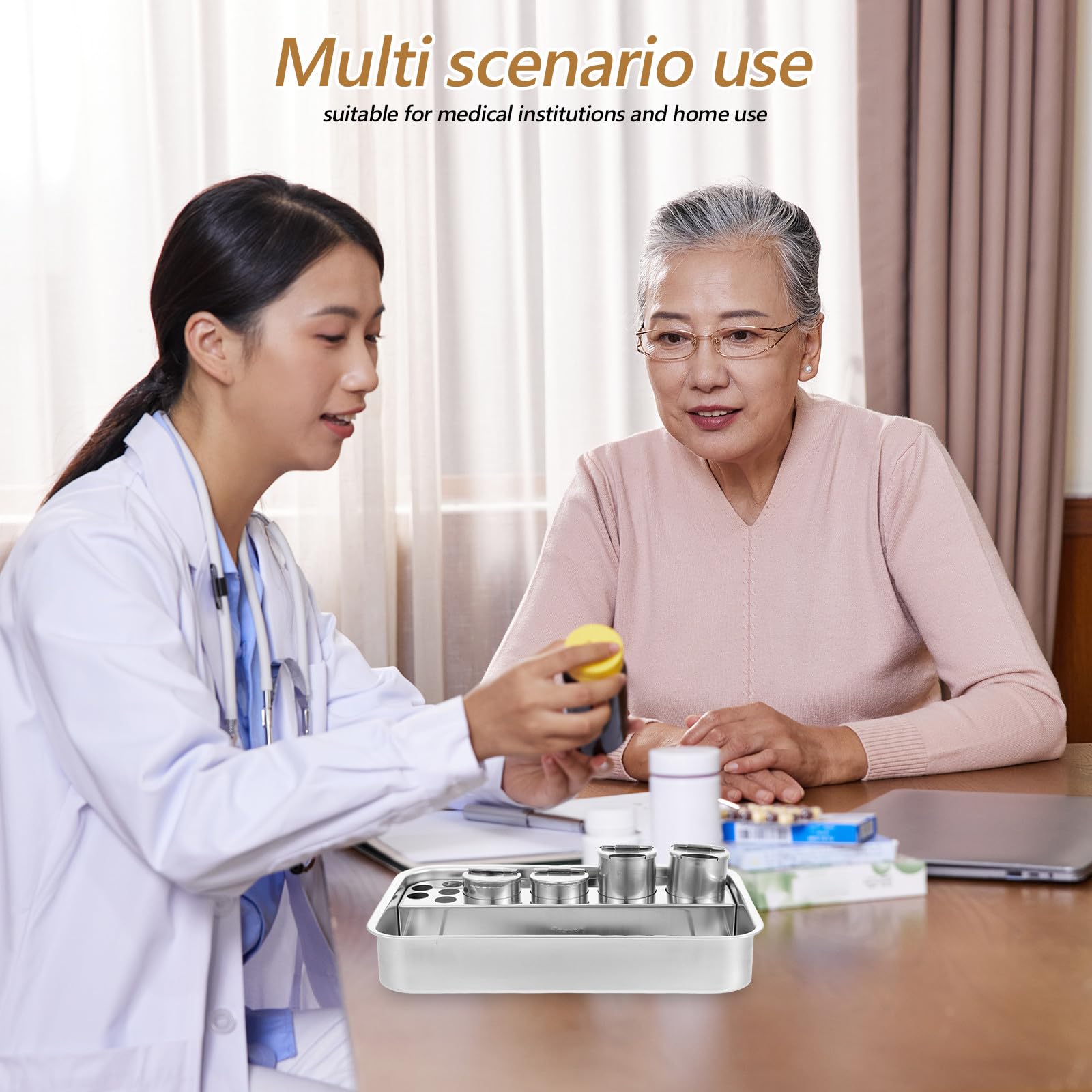 SHINEOFI Bandeja de Médica de Acero Inoxidable 304 Bandeja Rectangular 4 Orificios para Frascos Equipo Profesional para Hospitales y Clínicas para Curas