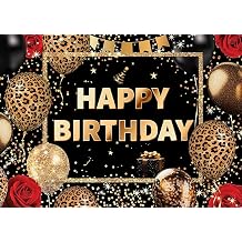 Leopard Gold Birthday Backdrop 8x6ft Black and Gold Happy Birthday Background with Leopard Print Balloons and Red Roses for Women Girls Party Decoration Photo Booth