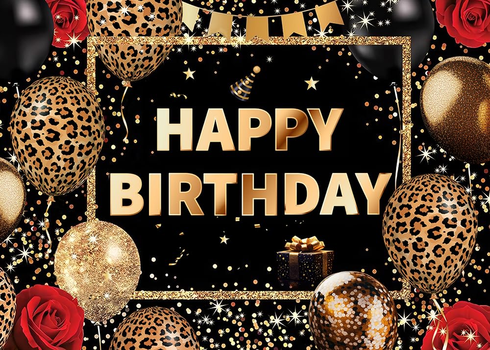 Dudaacvt Happy Birthday Backdrop Leopard Photography Background for Adult Leopard Birthday Party Banner Gold Leopard Birthday Photography Background