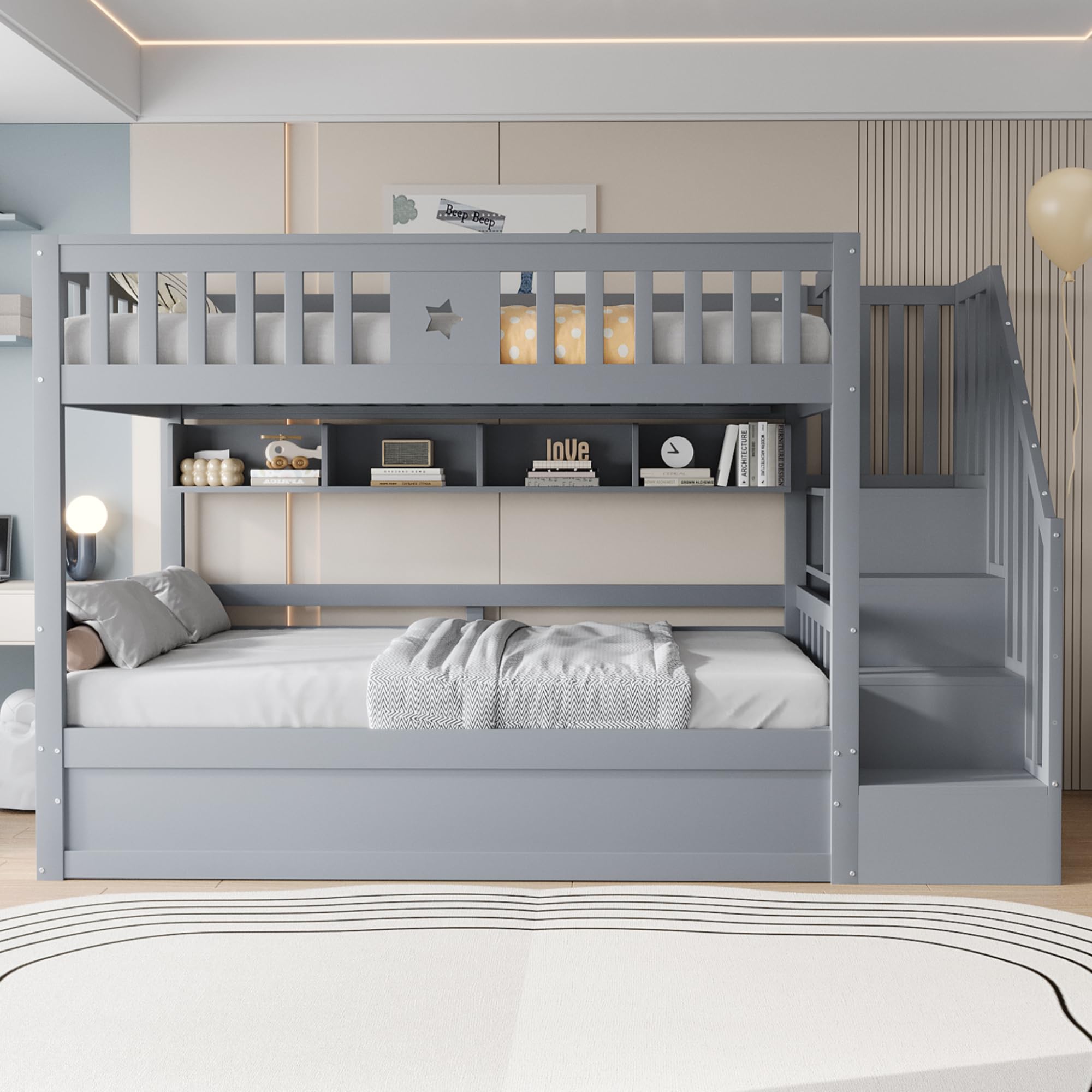 90 x 200 cm, Letto in Legno Naturale, Soppalco con Sottoletto Idraulico, Scala di Stoccaggio, Scaffali, Letto per Ragazzi (Grigio Type2)