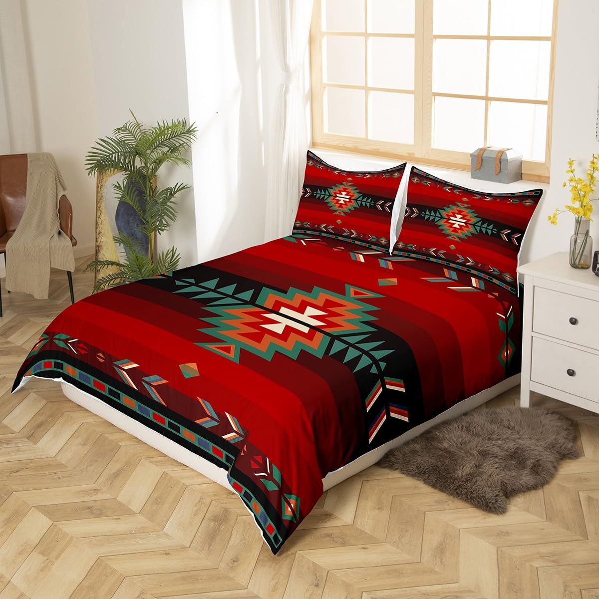 richhome Southwest Native Design Bed Cover Boys Girls Southwestern Geometric Duvet Cover for Kids Soft Tribal Bedding Set Red Green 2Pcs Single - Image 3