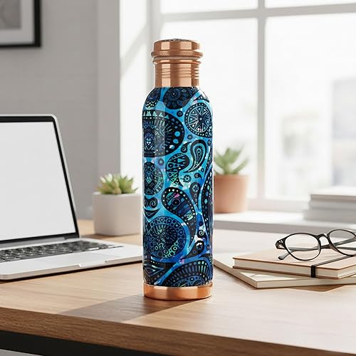 Miniatura 2 de Botella de agua de cobre con estampado puro, a prueba de fugas, recipiente de cobre ayurvédico para deportes, gimnasio, aire libre, yoga, beneficios