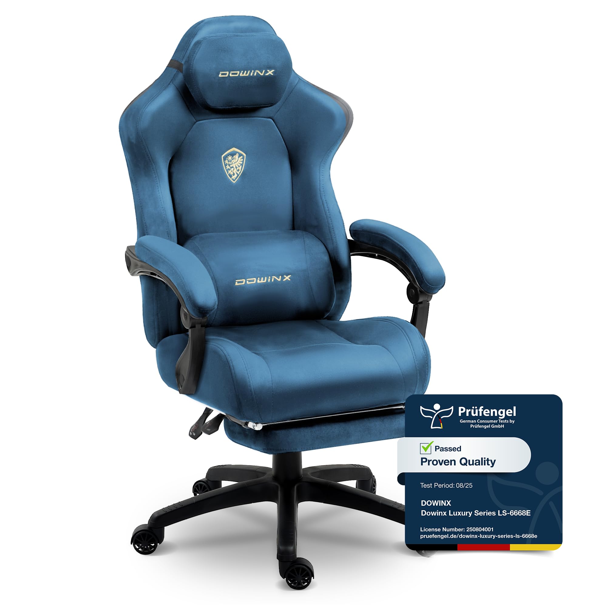 Dowinx Gaming Chair Ergonomic with Adjustable Massage Lumbar Cushion, Soft Microfiber Velvet Office Chair, Thick Padded Seat, Retractable Footrest, Adjustable Armrests, 155° Reclining Backrest, Blue