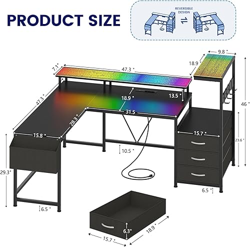 Miniatura 2 de Escritorio para juegos en forma de L de 63 pulgadas con toma de corriente y luces LED, escritorio reversible en forma de L con 3 cajones para