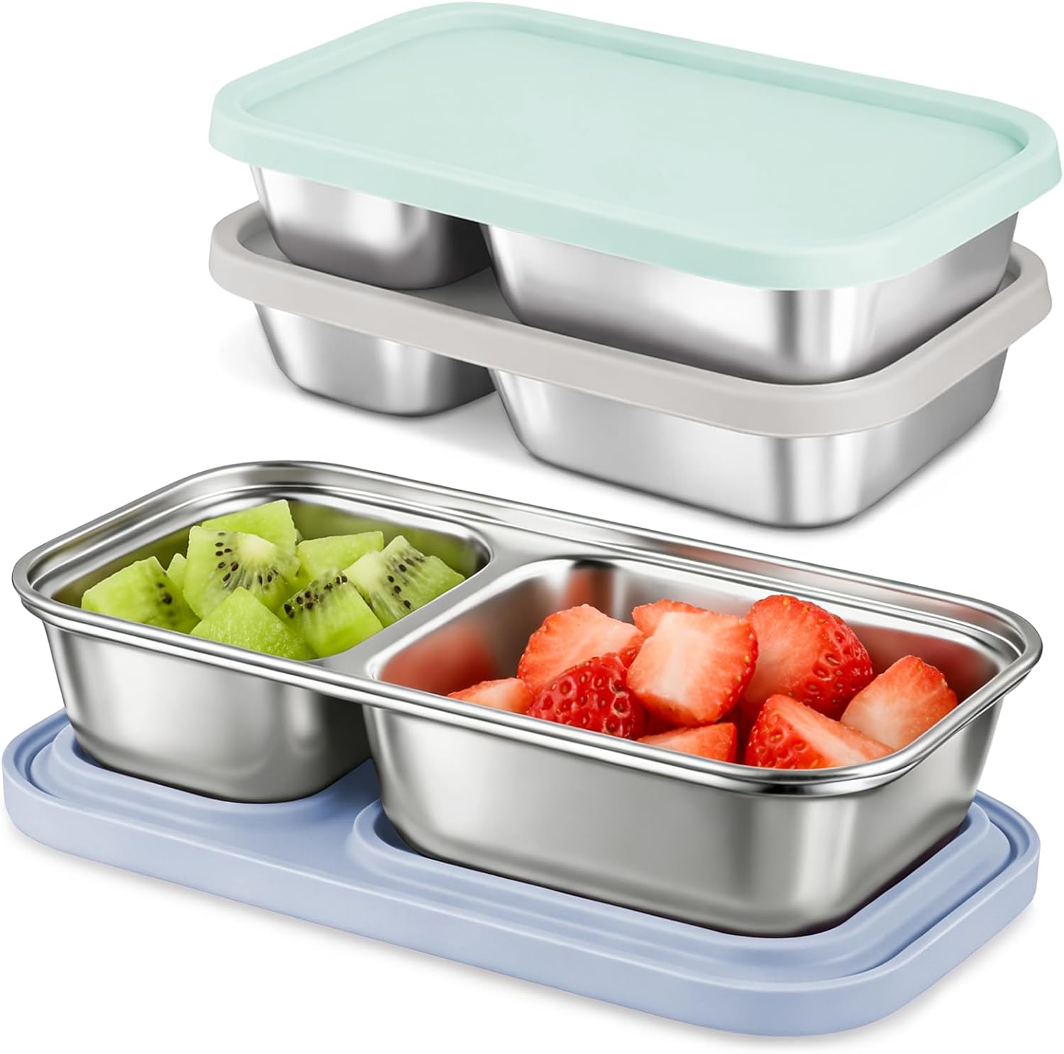 3 Pack Stainless Steel Snack Containers with Silicone Lids, 2-Compartment Snack Containers for Lunch, Office, Travel & Camping(Aqua, Blue, Grey)