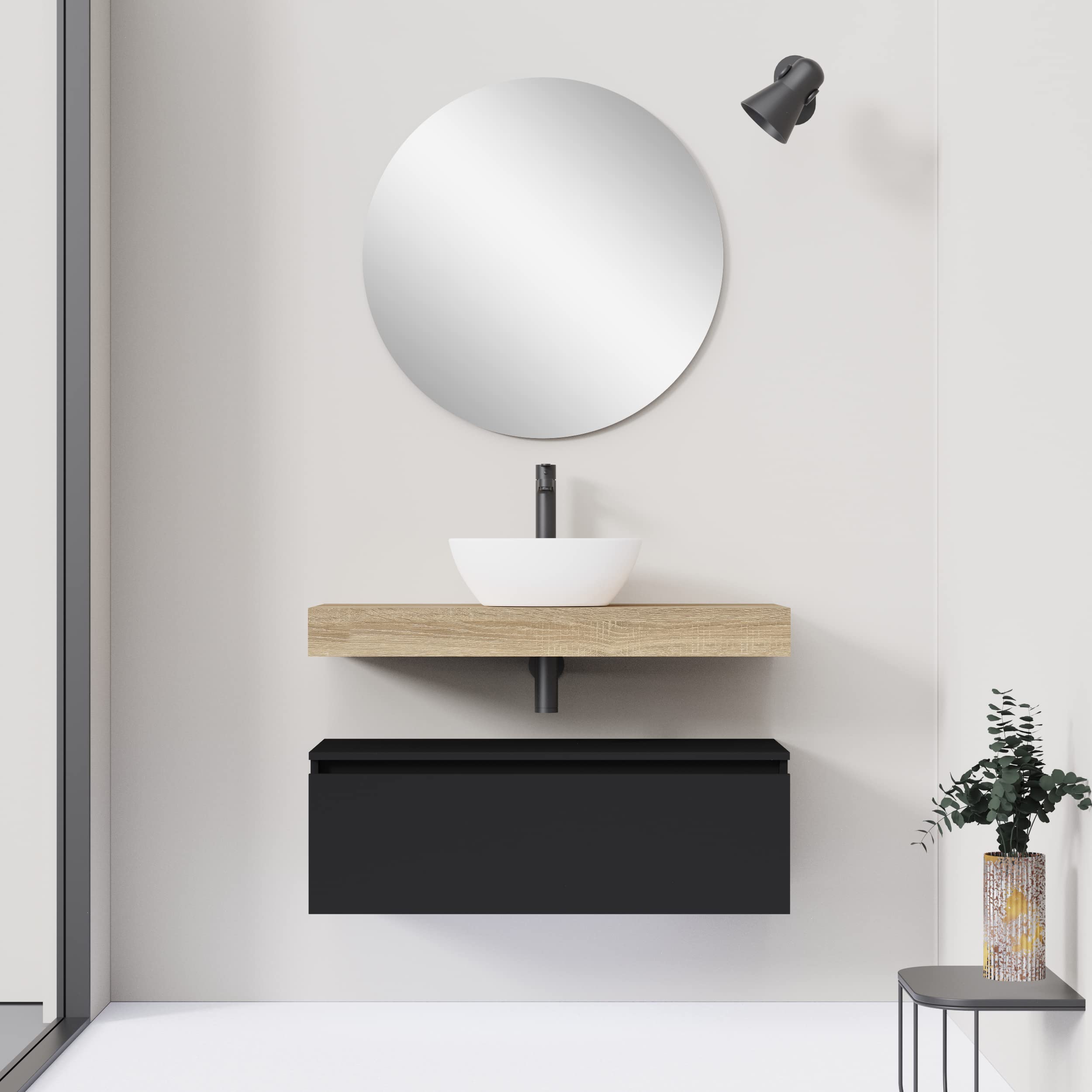 Baikal Mueble de Baño Boho. Módulo de Baño de 1 Cajón. Mueble Suspendido en Pared. Acabado en Negro Mate. Mueble MONTADO. Módulo 100 cm Negro Mate
