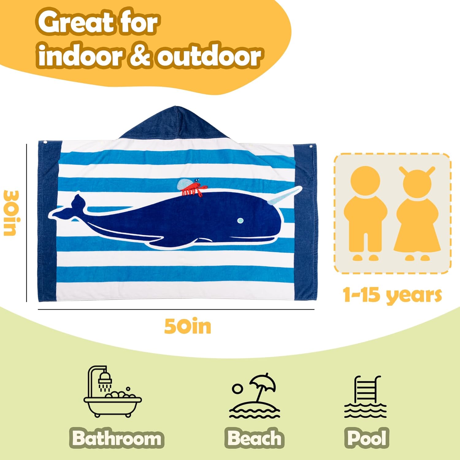 MT WORLD Hooded Towels for Kids Personalized Kids Beach Towels with Embroidered Name Super Absorbent Toddler Bath Towel, 30''X50'' Oversized Beach Towel for for 3T to 10 Years (Whale)