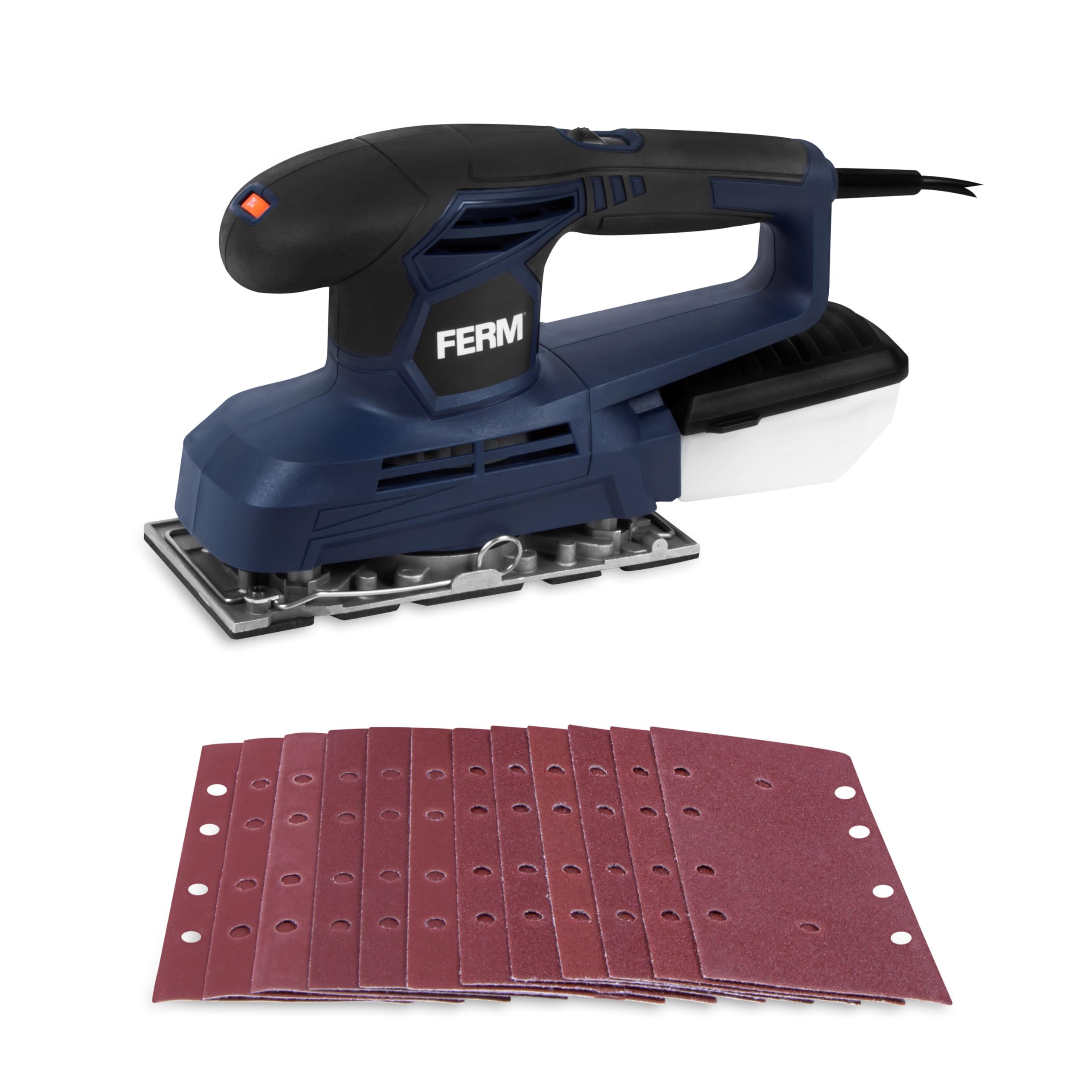 FERM Ponceuse Vibrante 240W – Vitesse Variable 6 000–11 000/min – Surface de Ponçage 90×187 mm – Fixation par pinces – Bac à poussière – Câble 3 m