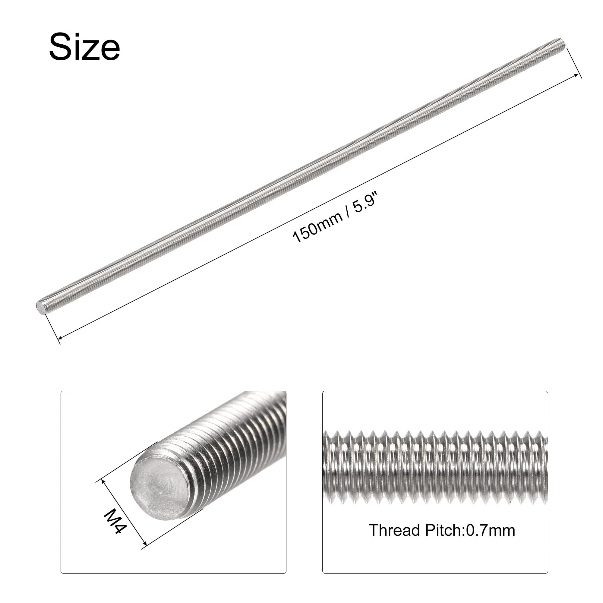 sourcing map 4 sztuki pełen pręt gwintowany M4 x 150 mm 304 stal szlachetna gwint prawy