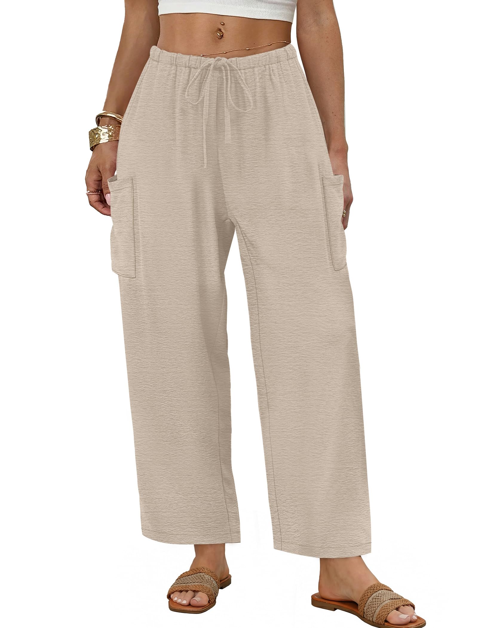 Sampeel Wide Leg Pants for Women Barrel Flowy Palazzo Elastic Waist Trousers with Pockets Summer Beach Vacation Outfits — view 2