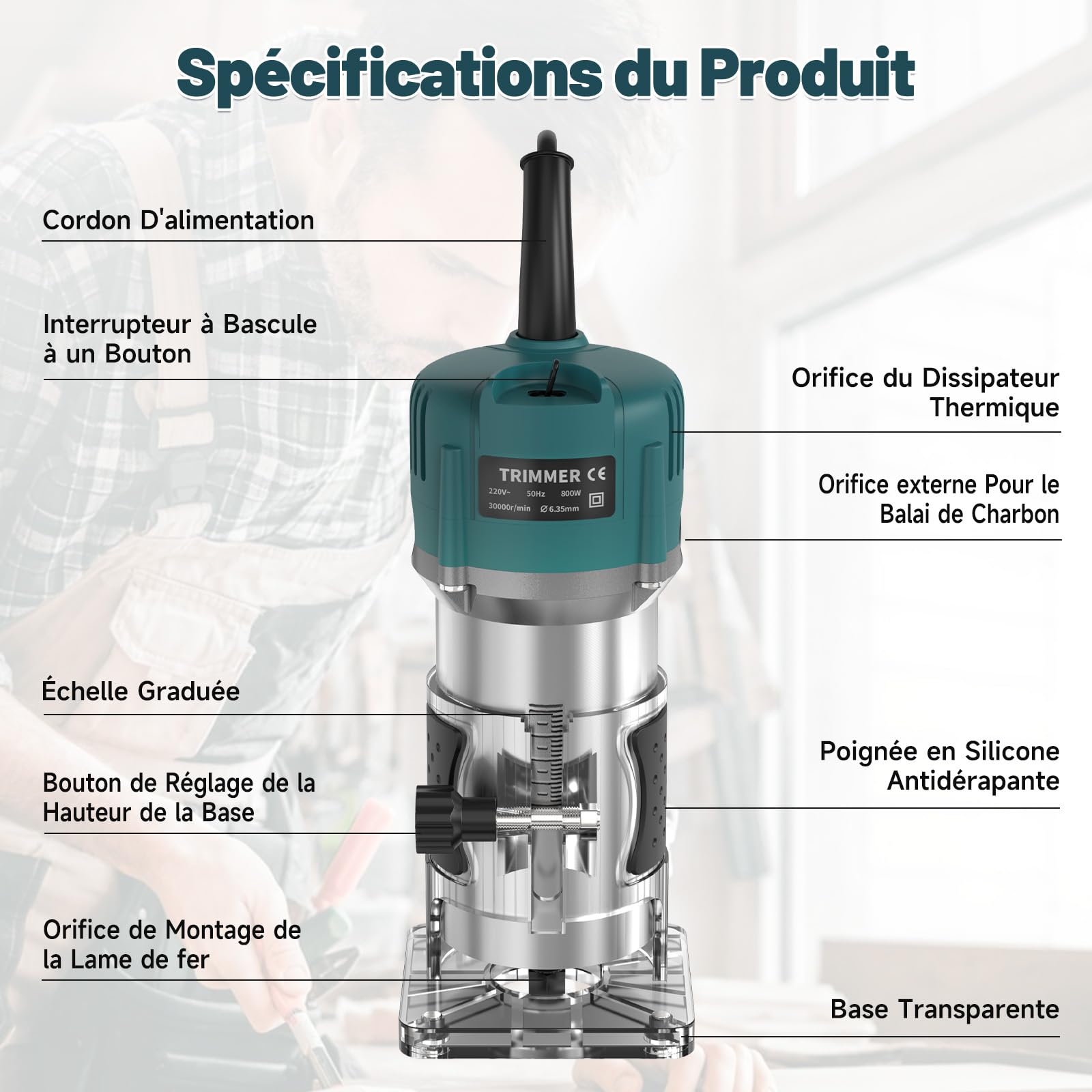 Yofuly Défonceuse à Bois Affleureuse Électrique 800W 13000-33000RPM, Routeur à Bois Électrique avec 15 Fraises à Défoncer Queue de 1/4" pour Travail du Bois