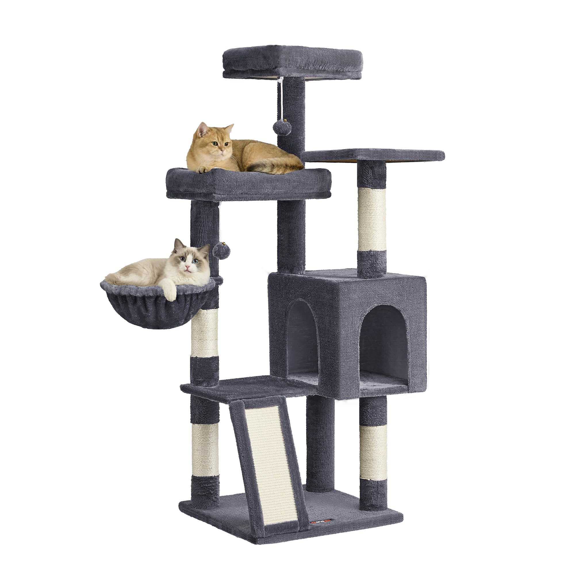 Feandrea Albero Tiragraffi, Torre per Gatti con Pali e Rampa Graffiatoio, 3 Grandi Piattaforme, 1 Cuccia, 1 Cestino, 2 Pompon, Altezza 136 cm, Grigio Scuro PCT012GS01