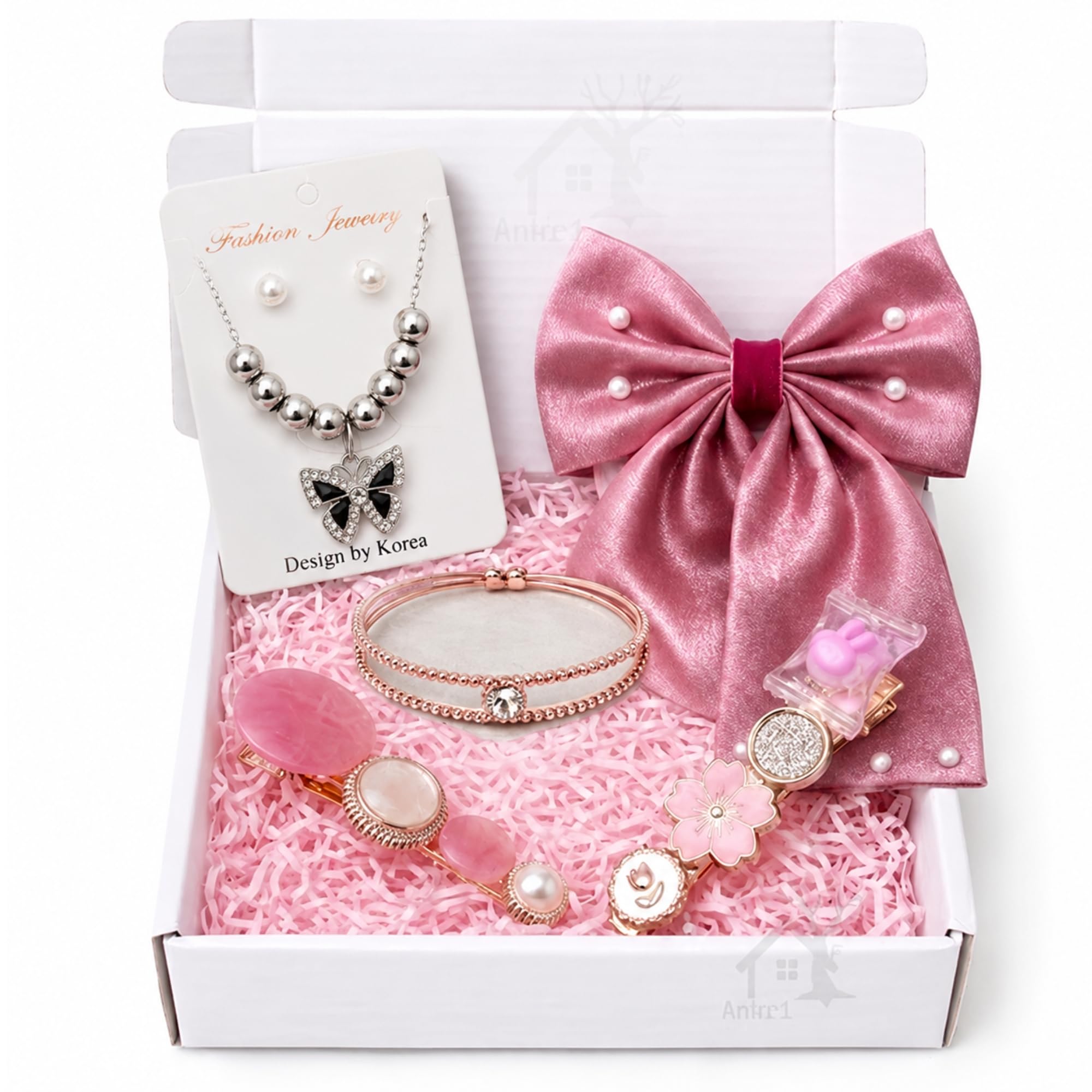 Hair Accessories Set, Hair Bow, Jewellery Set, Bow, Necklace Earrings Combo, Flower Hair Pins, Bracelet, Gift Box for Women & Girls, Premium Girls Gift Hamper, 5 Pcs-image-12