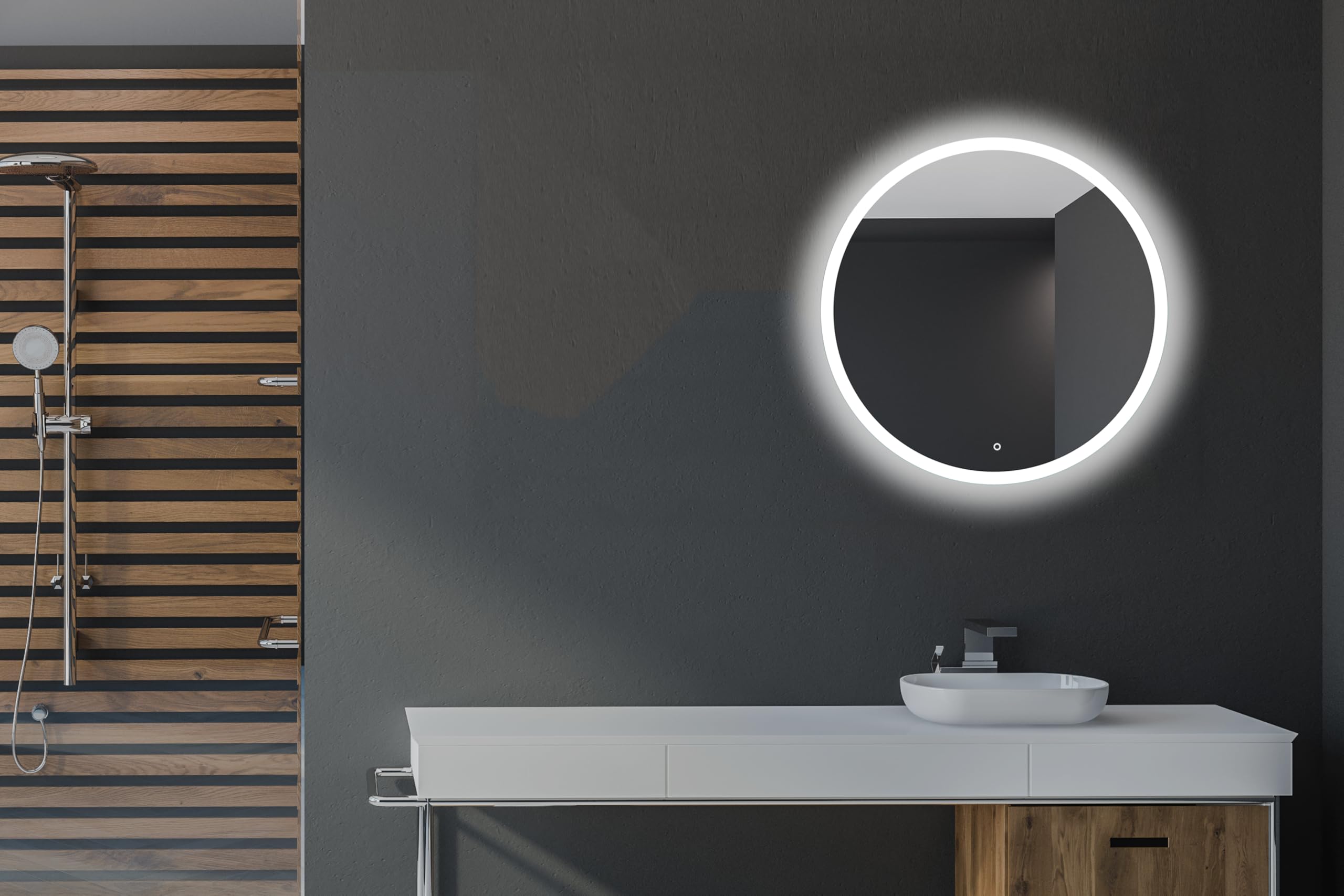 50 cm Okrągłe lustro łazienkowe z oświetleniem LED, Okrągłe lustro ścienne LED z włącznikiem, Lustro z naturalnym białym z światłem, Podświetlane z przodu