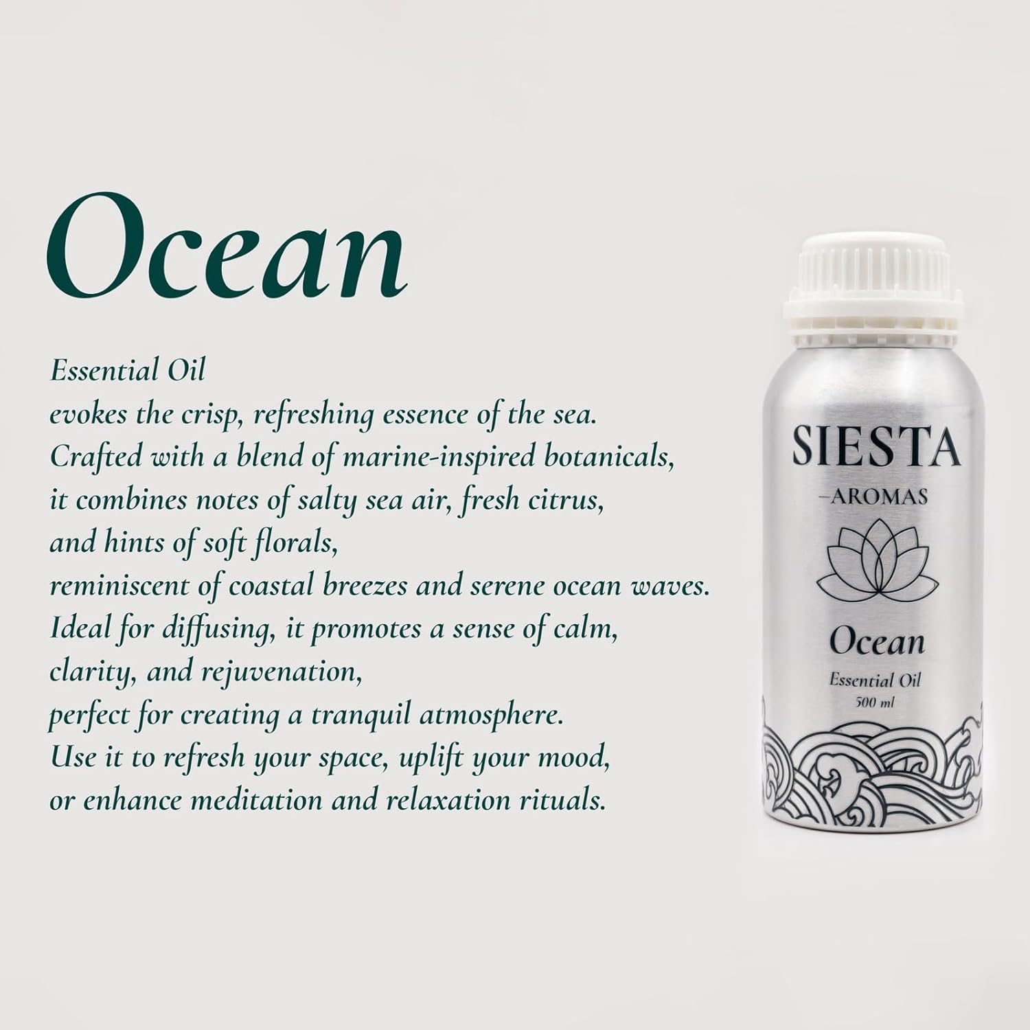 Siesta Aromas Ocean Essential Oil, 500ml, Marine-Inspired Blend with Sea Air and Citrus Notes, for Diffusing and Relaxation