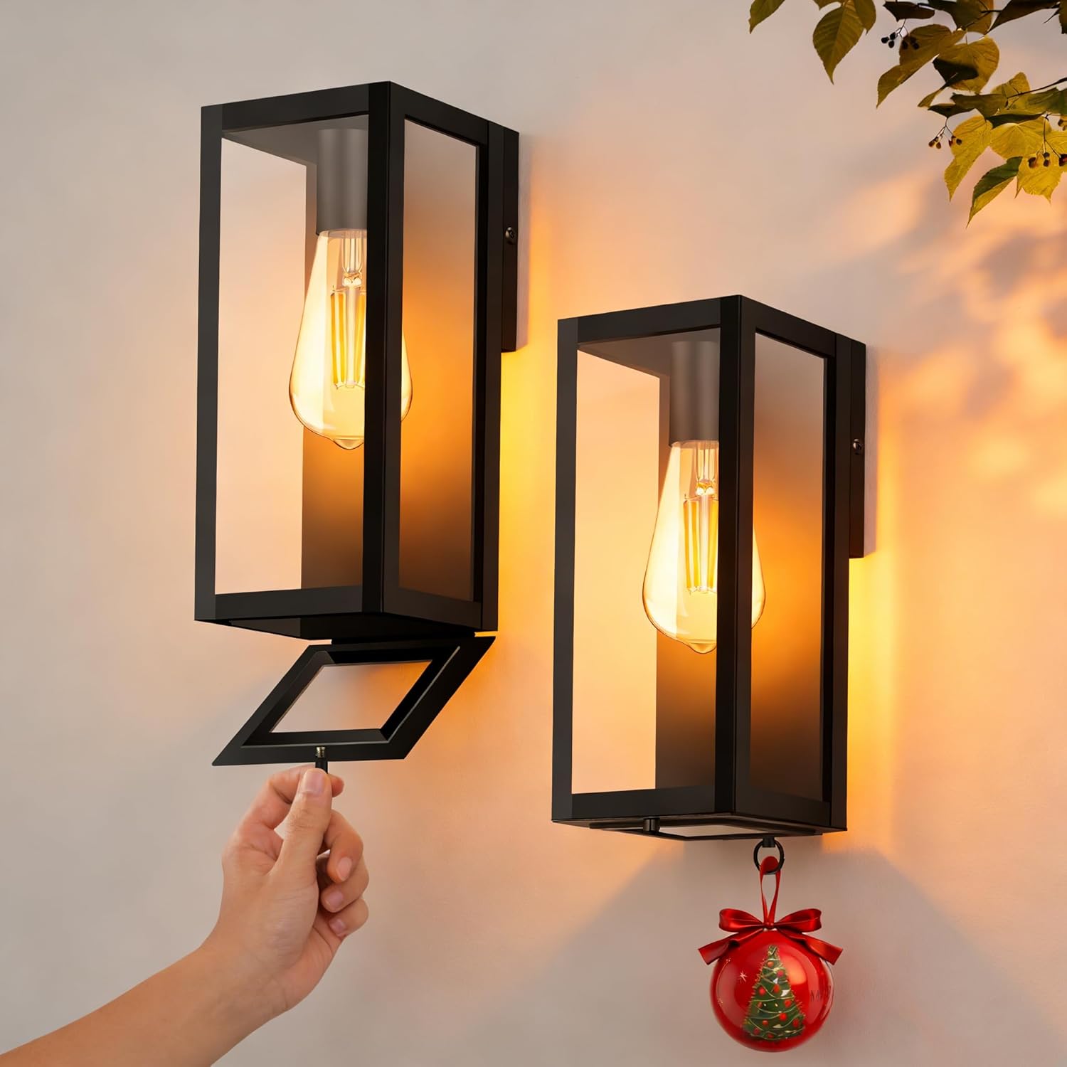 Modern Outdoor Light Fixture with Closed Bottom, WaterProof Exterior Lighting Fixtures, Black Outdoor Lanterns for Porch Patio Garage Front Door Entryway,E26 Socket & Glass Shade, 2 Pack,11inch