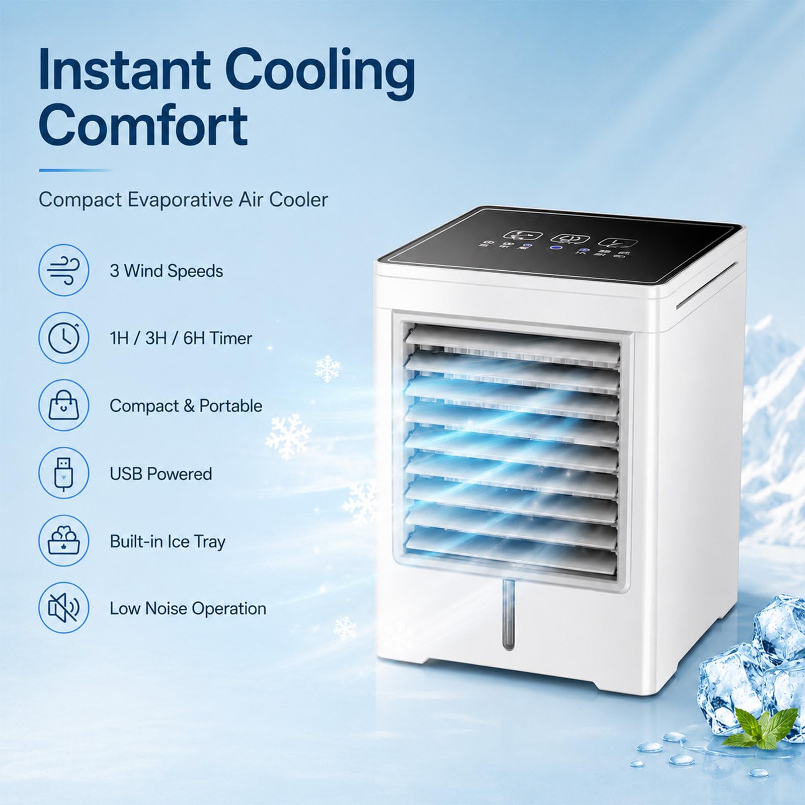 Condizionatore Portatile, Raffrescatore Evaporativo Alimentato Tramite USB, Ventilatore con 3 Timer, Serbatoio 470ml, 3 velocità, Super Silenzioso per Casa e Ufficio