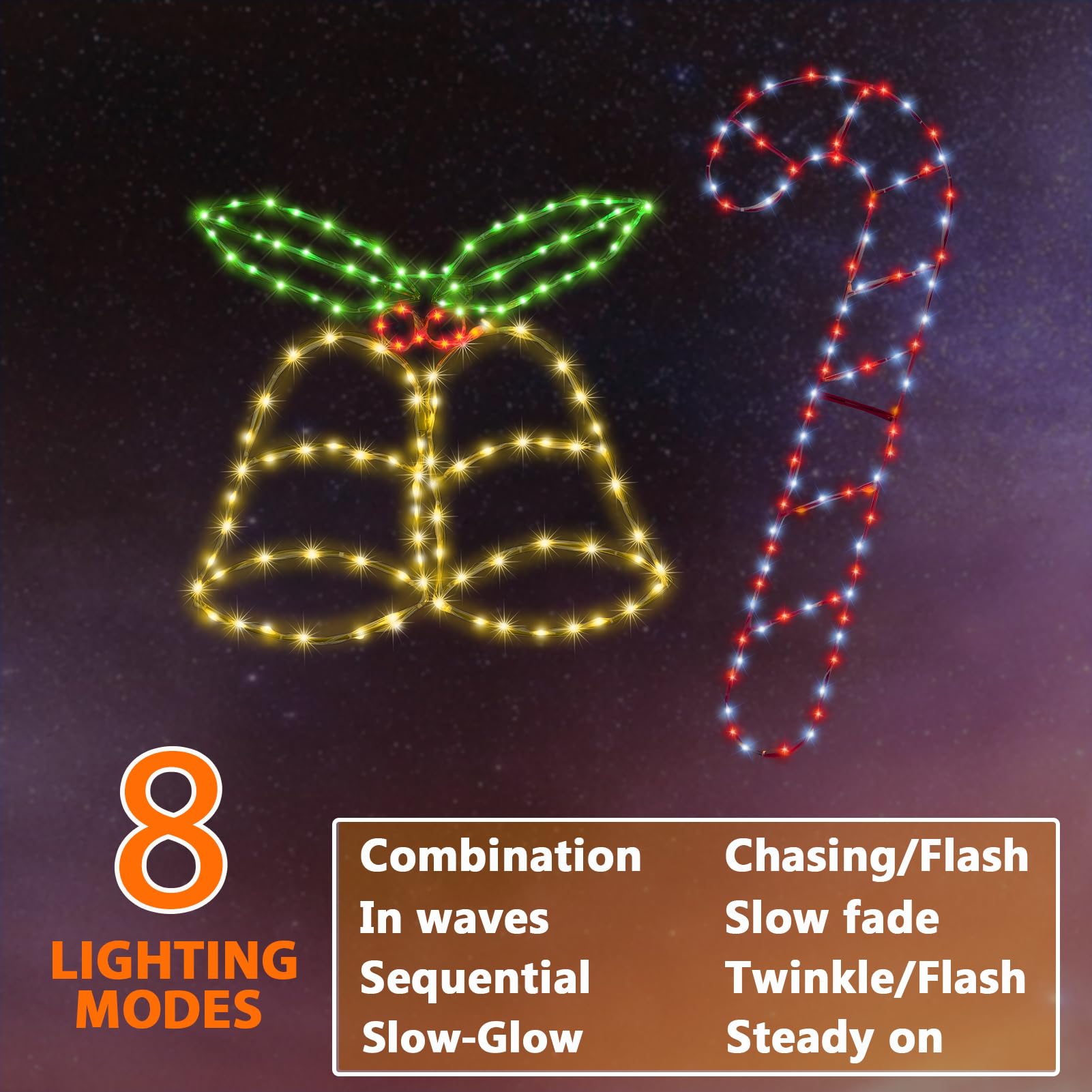 2 Pack Christmas Window Hanging Lights, 70 LED Candy Cane with Jingle Bell Decorations Iron Frame Folding Lights, 8 Lighting Modes for Xmas Holiday Indoor Outdoor Wall Party Decor (Multicolour)