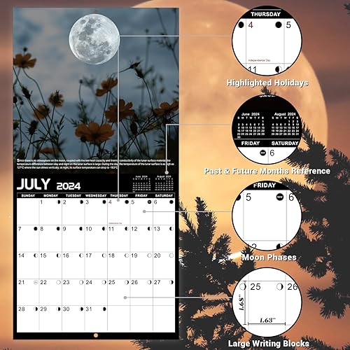 Miniatura 2 de Calendario de pared 2024, enero 2024 a diciembre de 2024, 11.63 x 23.26 pulgadas (abierto), calendario 2024 con fases lunares, papel grueso de alta