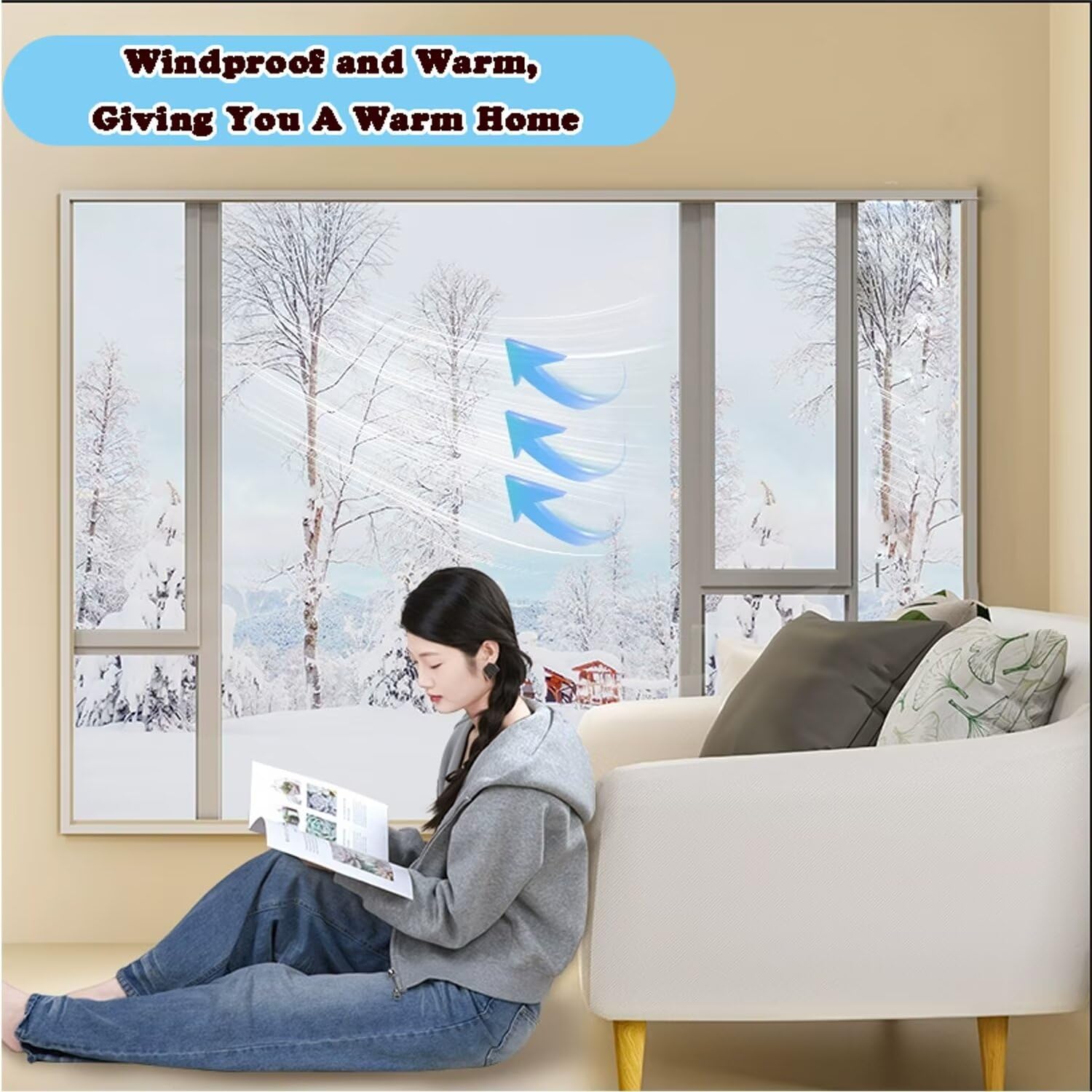 W160 x H195cm Kit de Aislamiento de Ventanas,cortina de aislamiento de viento para interiores de PVC,kit térmico para reducir el ruido,película aislante para ventanas y puertas Negro
