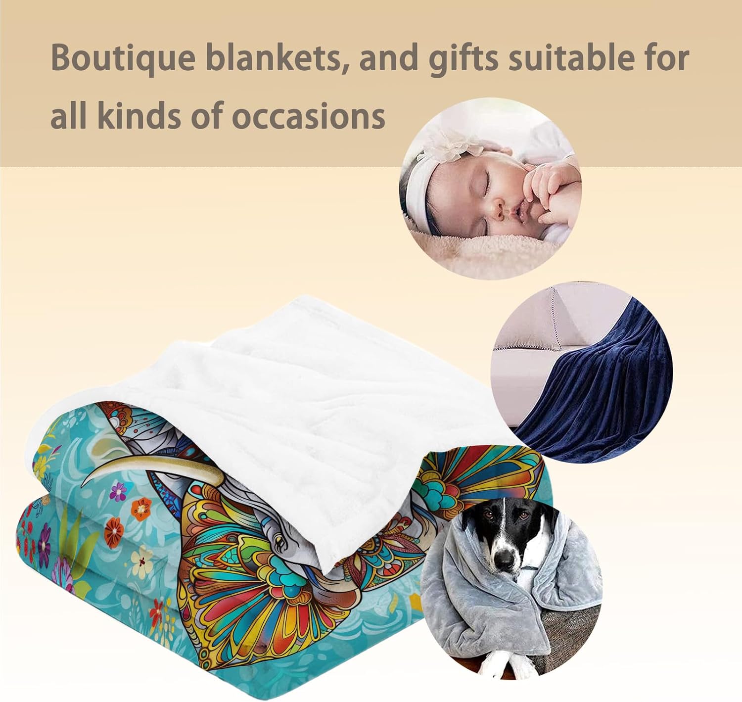 Colorful Elephant Blanket - Soft, Lightweight Flannel, Fuzzy and Fluffy Throw Blankets, Perfect for Couch, Bed, Travel, Outdoor - Cozy Home Decor, for Adults Kids Women Girls 60×50 in