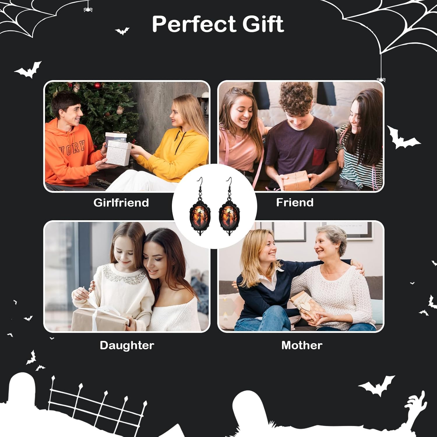 Halloween Earrings for Women Gothic Mystery Witchy Cameo Dangle Earrings Vintage Jewelry Punk Style Orange Glass Crystal Earring for Masquerade Party - Image 6