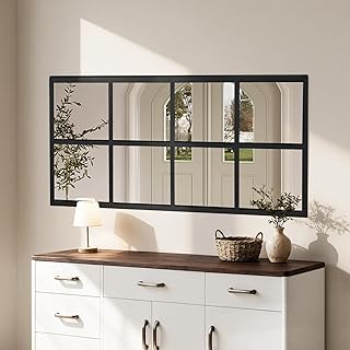DUMOS Window Pane Mirror Set of 2, 16x32 Inch Rectangle Decorative Wall Mirrors, Black Metal Framed Grid Mirror for Bathroom, Bedroom, Living Room, Entryway, Easy to Install