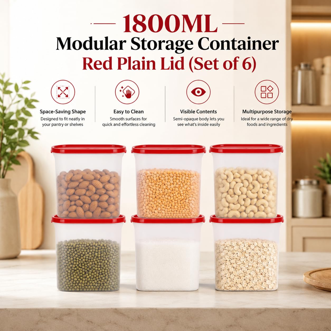 Cutting EDGE 1800ML Modular Storage Container Red Plain Lid (Set of 6) 4