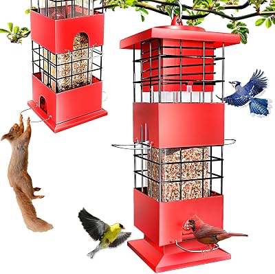 Squirrel Proof Bird Feeder,3.5Lbs Metal Wild Bird Feeders Anti-Squirrel with 4 Feeding Ports for Garden Bird Feeding Station Outdoors Hanging, Pigeon Resistant, Easy to Clean & Refill (Red)