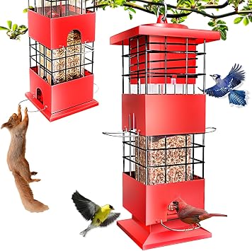 Squirrel Proof Bird Feeder, 3.5Lbs Metal Wild Bird Feeders Anti Squirrel with 4 Feeding Ports for Garden Bird Feeding Station Outdoors Hanging, Pigeon Resistant, Easy to Clean & Refill Red