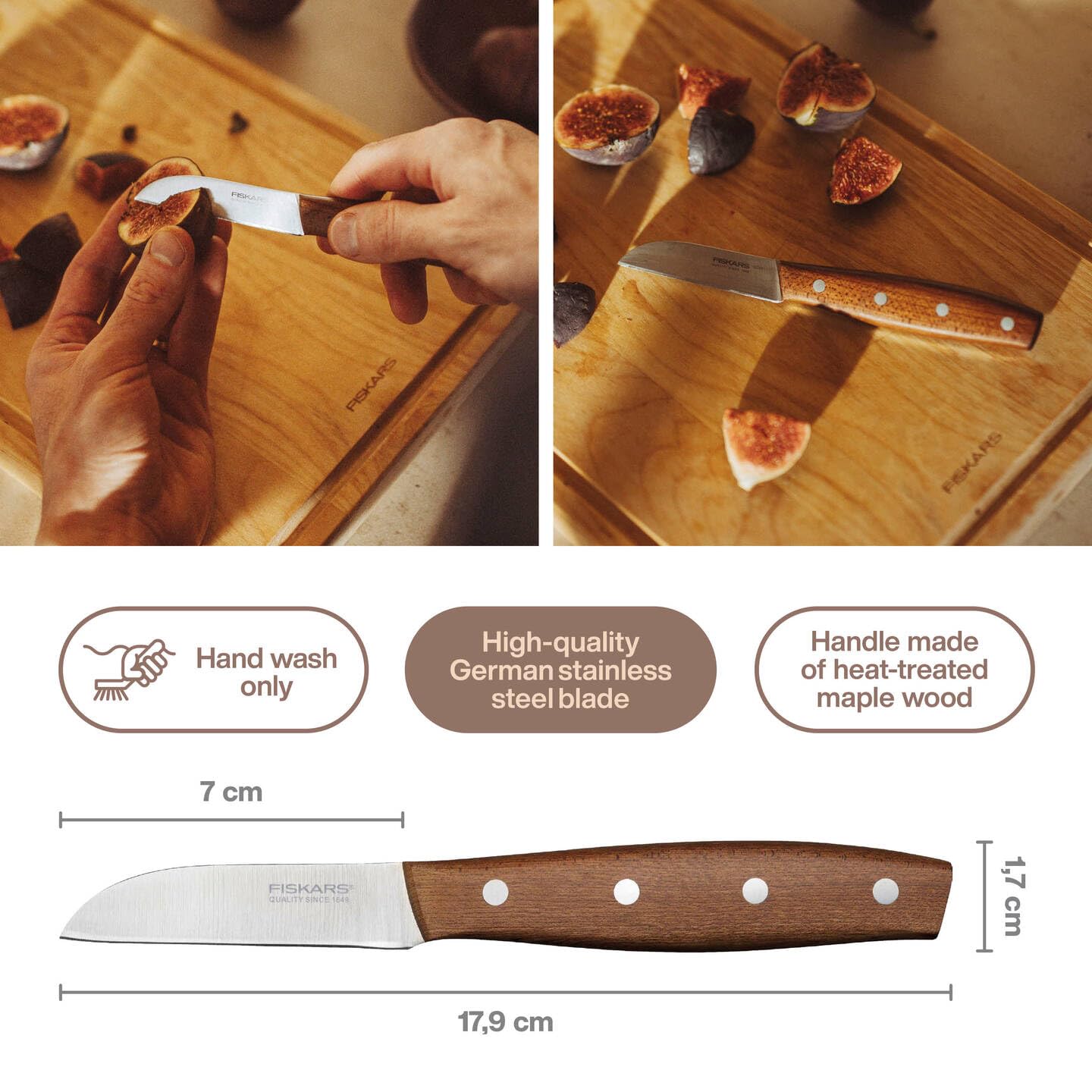 Fiskars Folken Schälmesser, Klingenlänge 7 cm, Klinge aus deutschem Edelstahl, Griff aus FSC-zertifiziertem Ahornholz, 1075691