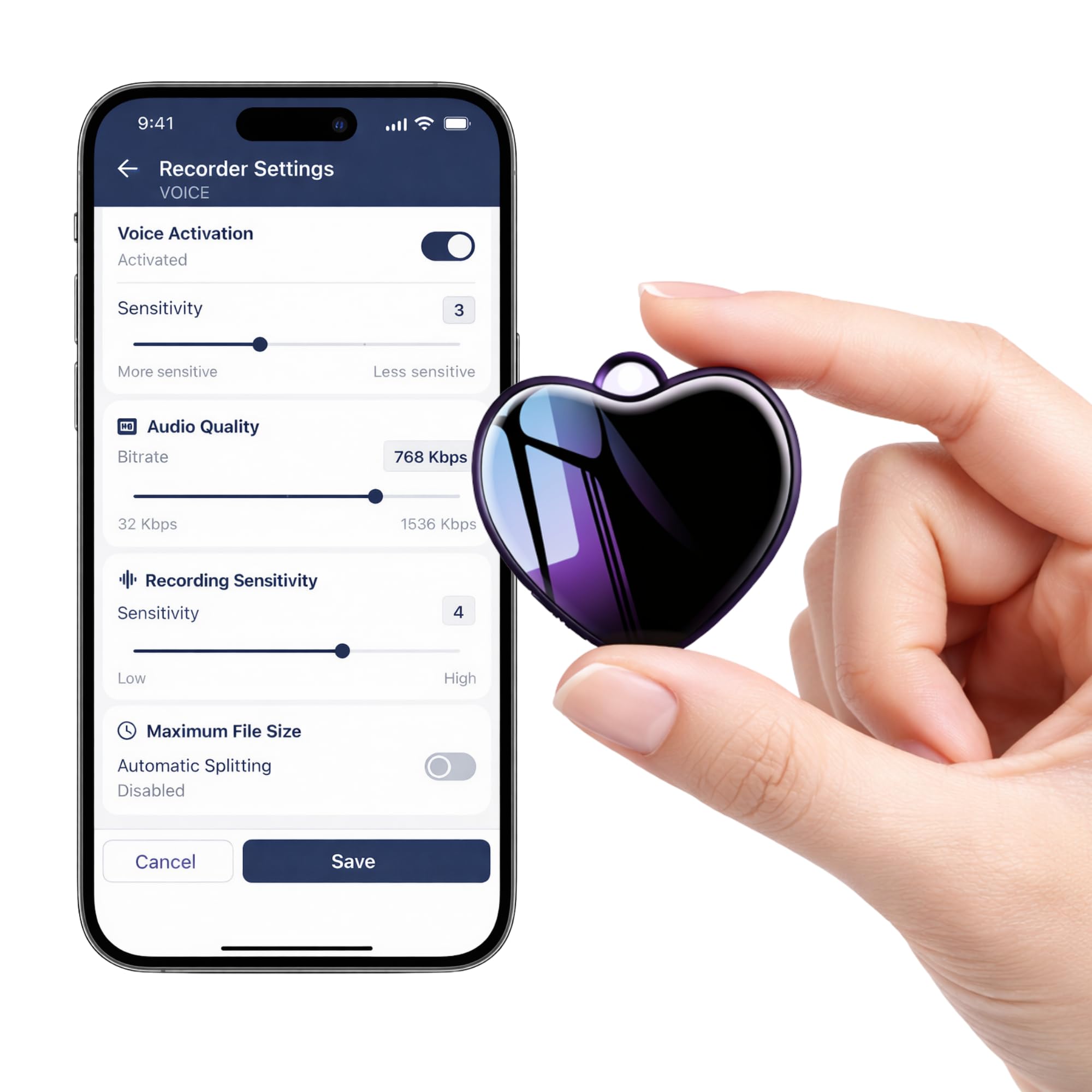 CleverTalk Heart Registratore Vocale con IA | Attivazione Vocale | App Mobile, Mac, Windows e Web | Cloud Europeo GDPR | 64GB | Audio HD 1536kbps | USB-C