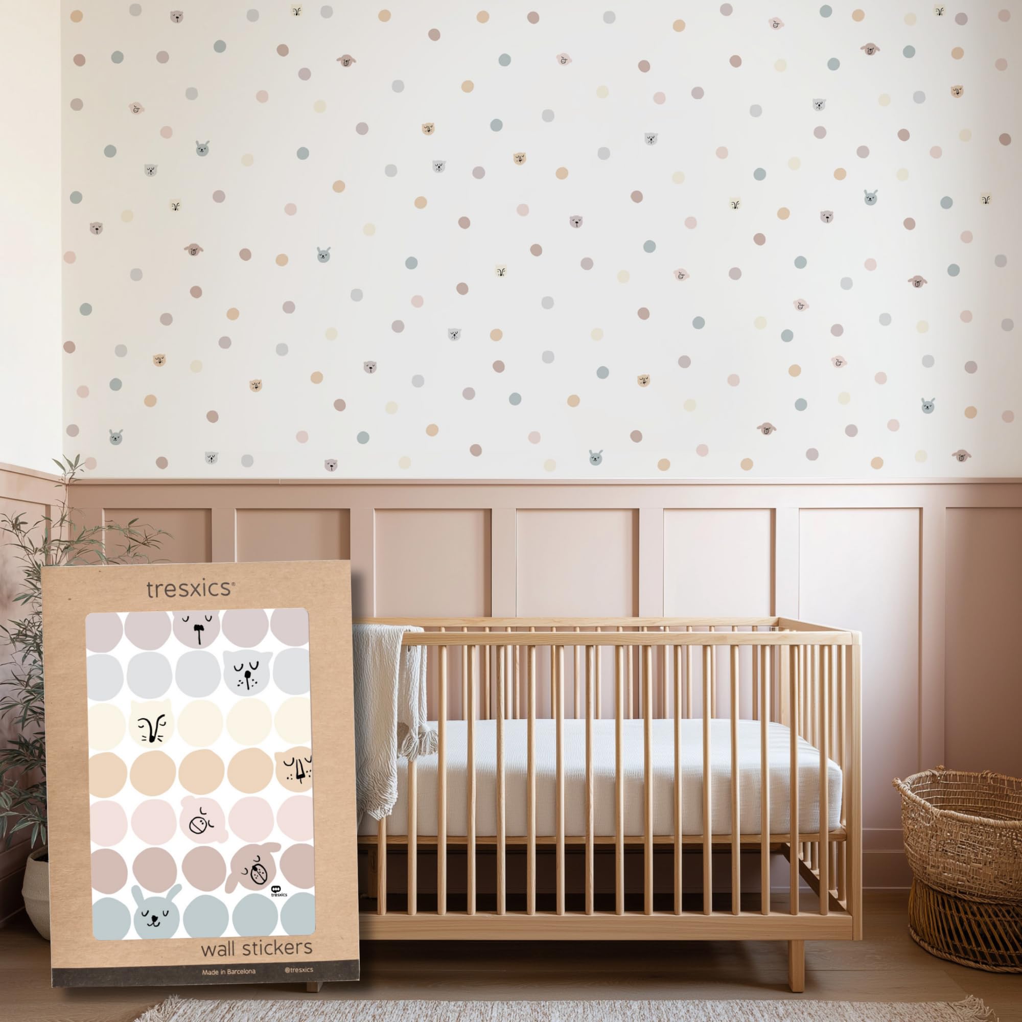 Pegatinas Pared Decorativas Infantiles Caras Animales | 6 Láminas, 210 Topos Adhesivos | Vinilo Adhesivo Pared | Efecto Papel Pintado | Cubre 9 m² | TRESXICS (Pastel)