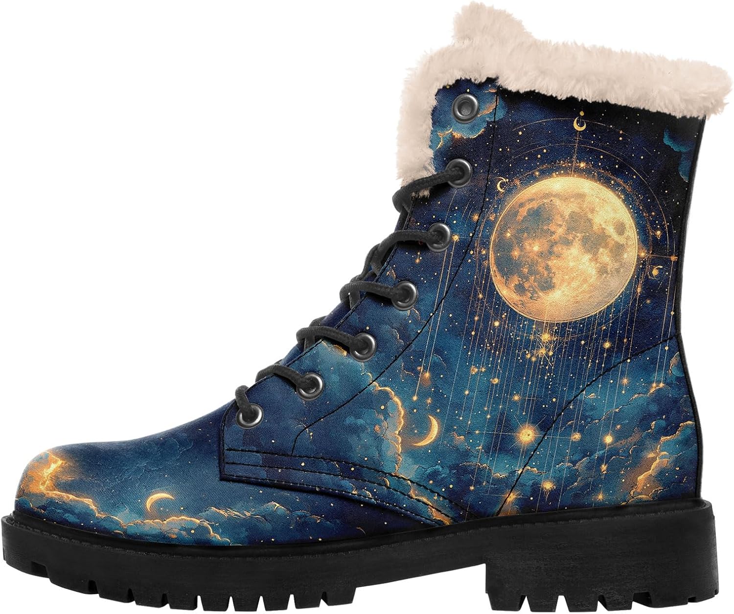 AWSOLE Women's Sun and Moon Winter Boots Celestial Faux Leather Ankle Boots Warm Fur Lining Non-Slip Boho Lace-Up Snow Booties