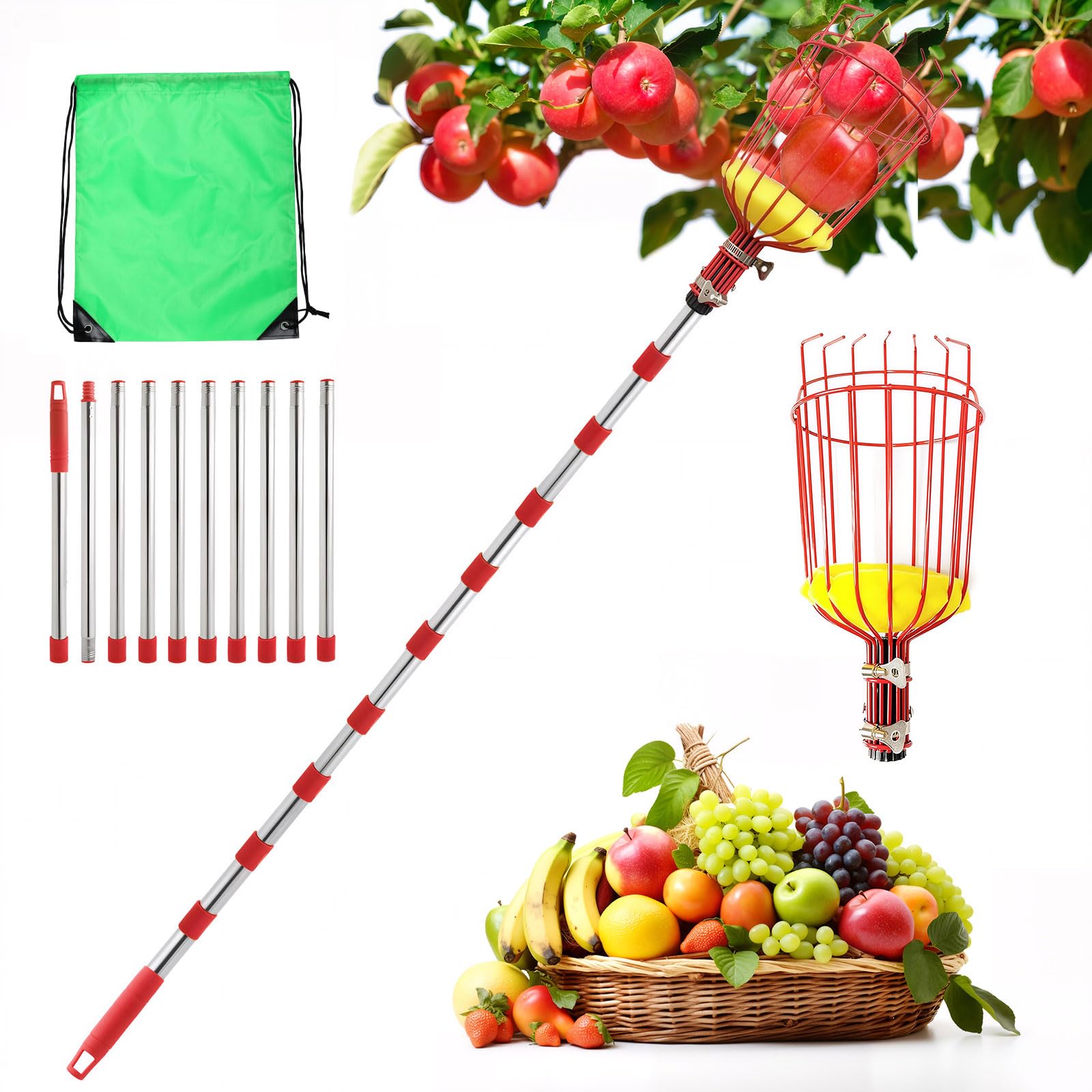 seOSTO Recoge Frutas Telescopico 4.2m, Palo Extensible Acero Inoxidable, Cesta de Alambre con Espuma Protectora, Recogedor para Manzanas, Naranjas, Cítricos, Recoger Frutas de Árboles Altos