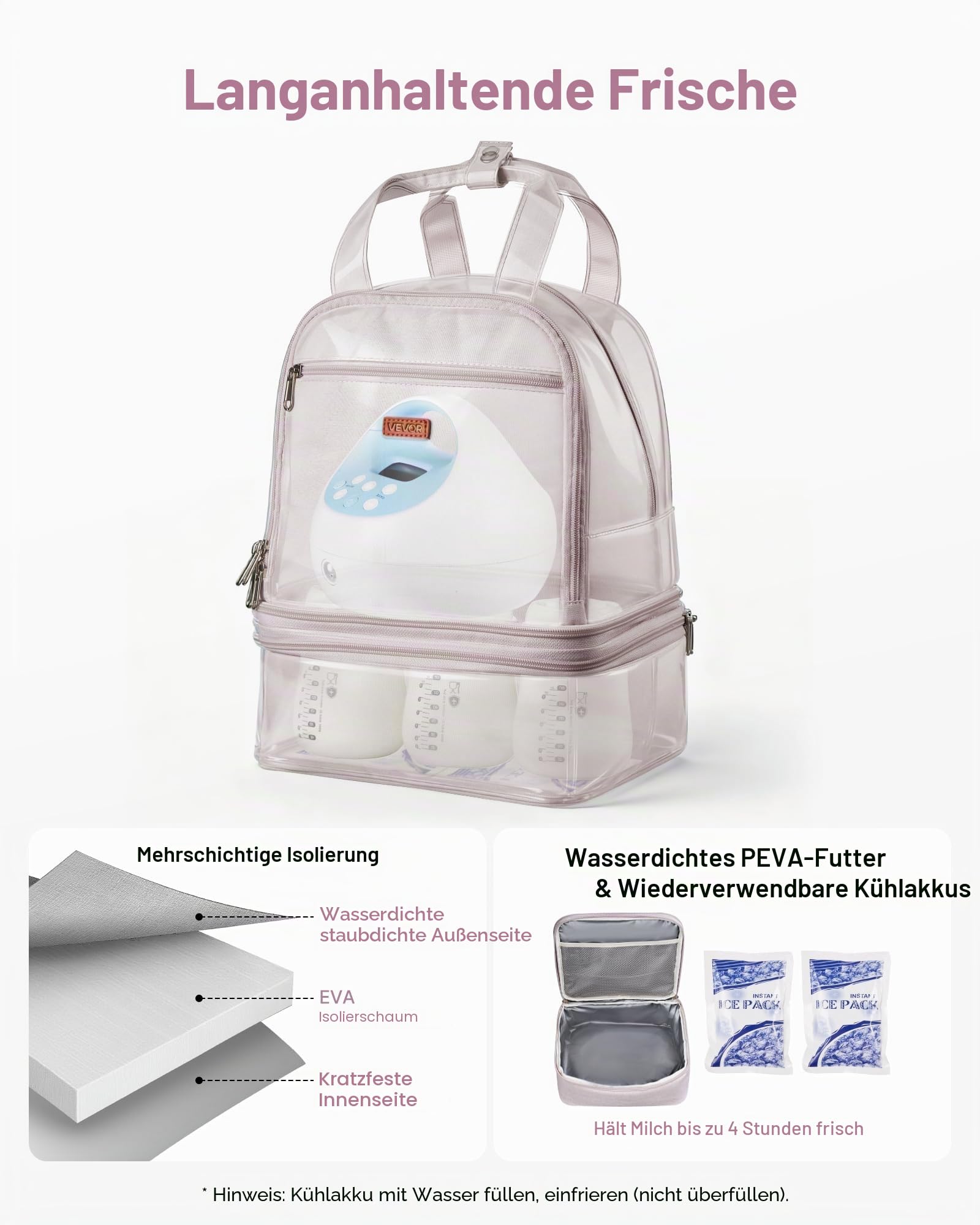 VEVOR Milchpumpen-Rucksack, 270x240x340 mm, mit Kühlakku, passend für S1/S2, Pumpzubehör & Muttermilchaufbewahrung, Wickel Rucksack für Arbeit, Reisen & Familiengebrauch, Hellrosa