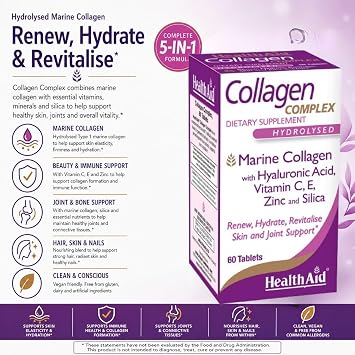 HealthAid Marine Collagen Complex Hydrolyzed Collagen with Hyaluronic Acid, Vitamin C, E & Zinc Supports Skin Hydration, Elasticity & Healthy-Looking Skin 60 Tablets (2 Daily)*