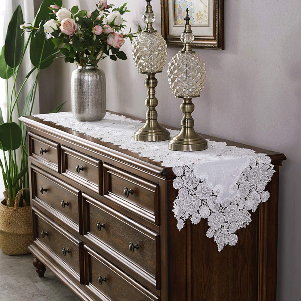 Boho makrama koronkowy bieżnik na stół na weselne stoły obiadowe prosty i elegancki design lniany kwiat haftowany biały 35 x 270 cm