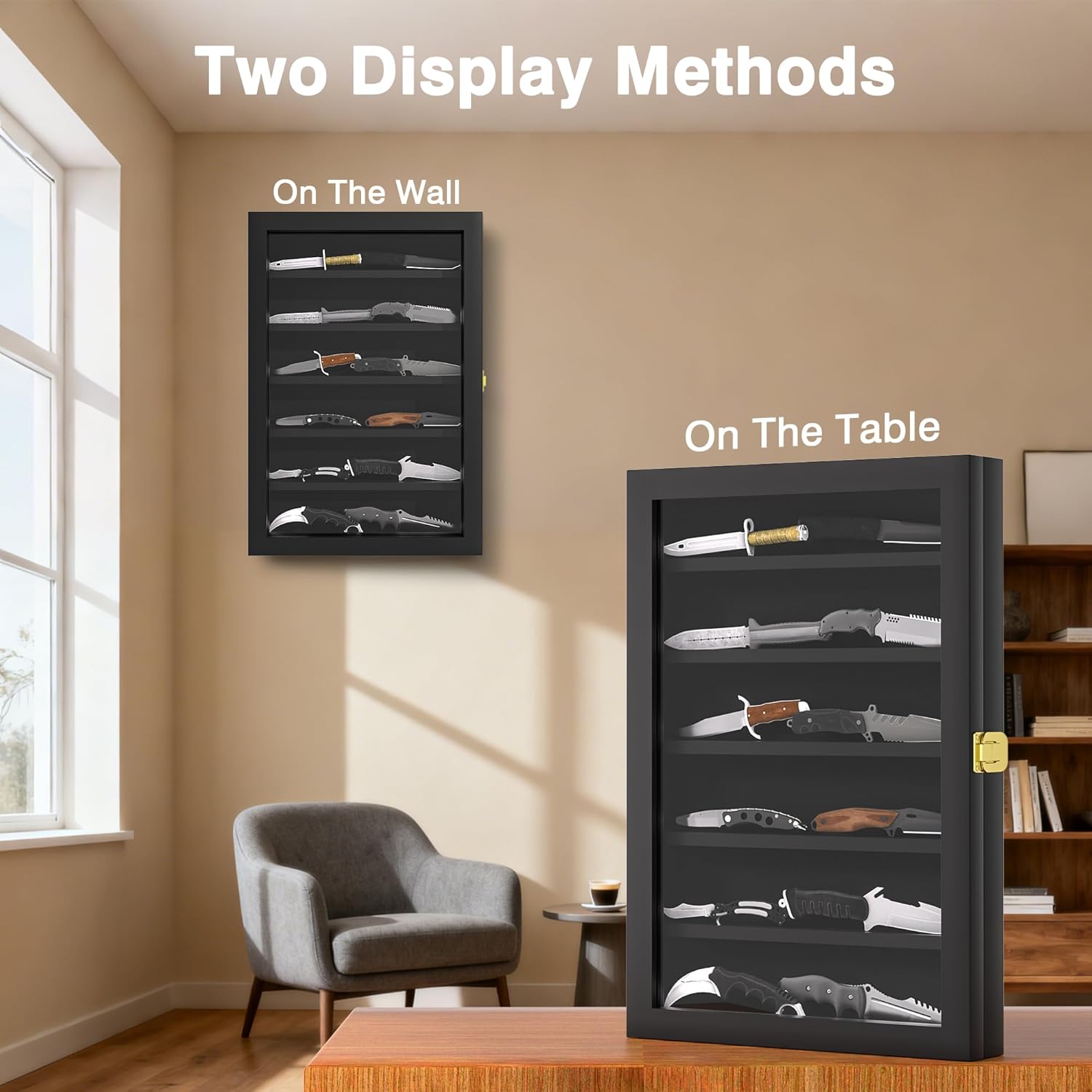 Knife Display Case for Collections, Pocket Knife Display Case with Acrylic Glass, Lockable Storage Cases with Removable Shelves, Wall-Mounted 6-Layer MDF Cabinet, Black
