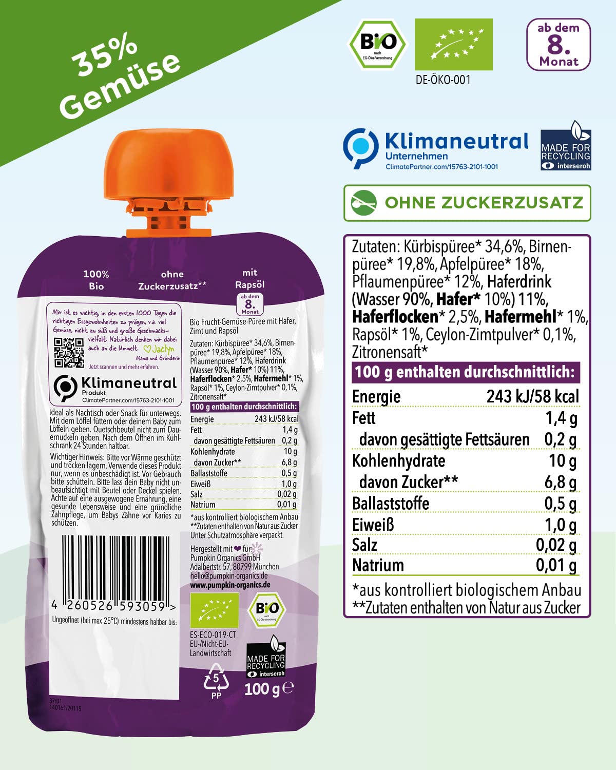 Bio Quetschie Kürbis, Birne, Apfel, Pflaume, Hafer, Zimt & Rapsöl - Gemüsepüree, Fruchtmus und Getreide für Babys ab dem 8. Monat. Recycelbarer Quetschbeutel, 32er Pack (32x100g)