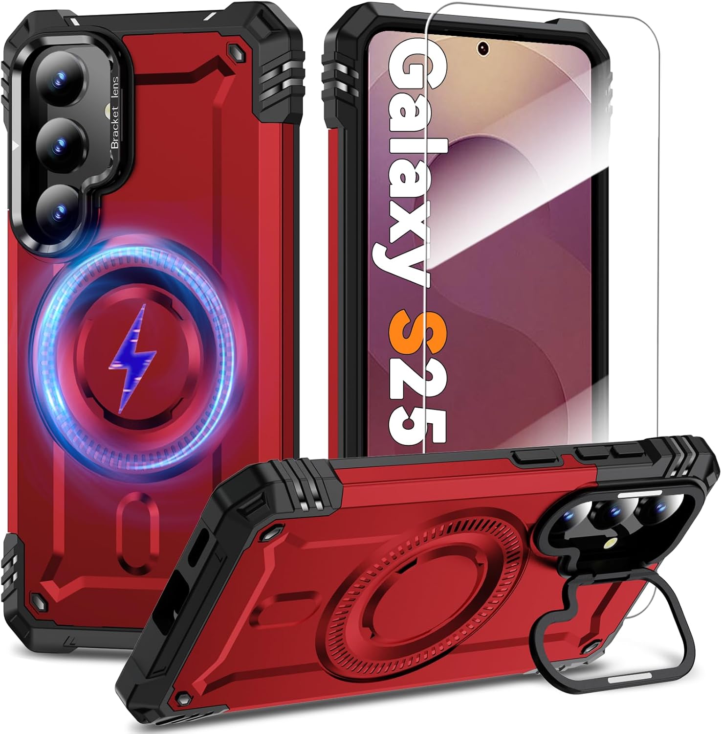 Magnetic Heavy Duty Case for Samsung Galaxy S25 5G – Built-in Kickstand, Screen Protector, MagSafe Compatible, Military