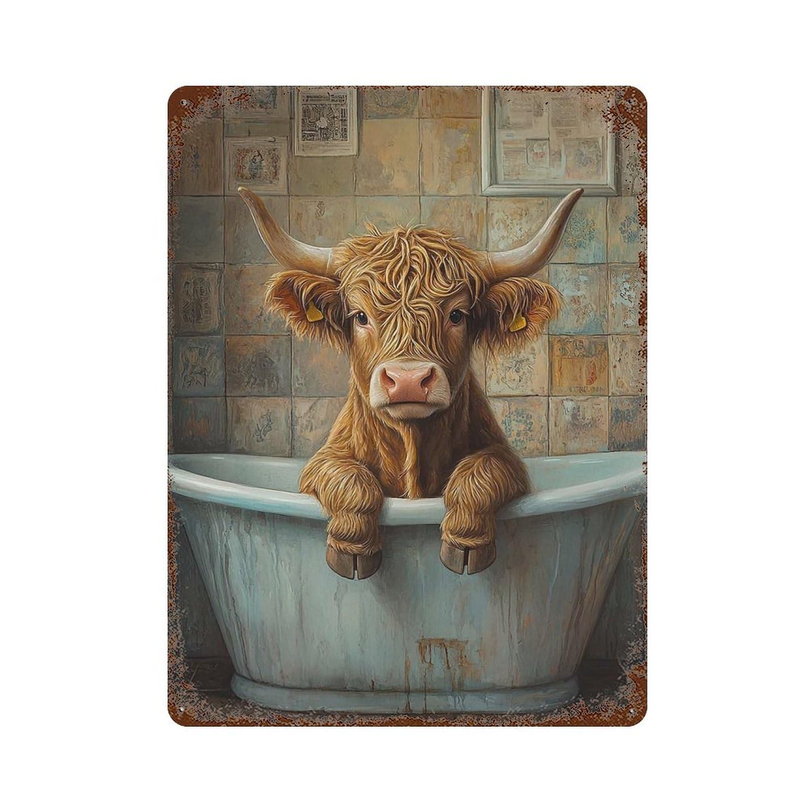 Highland Cow in Bathtub Rusty Metal Tin Sign 15.7"x11.8", Vintage Wall Decor for Garage, Pub Or Kitchen