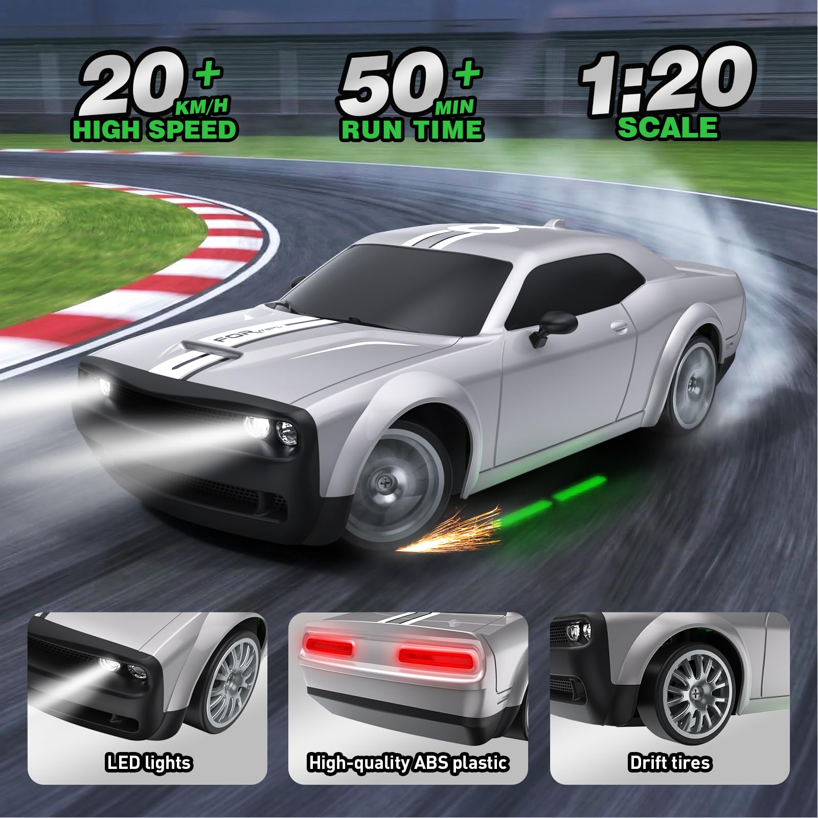 RC Drift Car 1:20 Macchina Telecomandata 2,4 GHz 4WD Auto Telecomandata 20 KM/H Auto da Corsa Telecomandata con fari da lavoro, 2 Batterie Ricaricabili,regalo per adulti e bambini (argenteo)