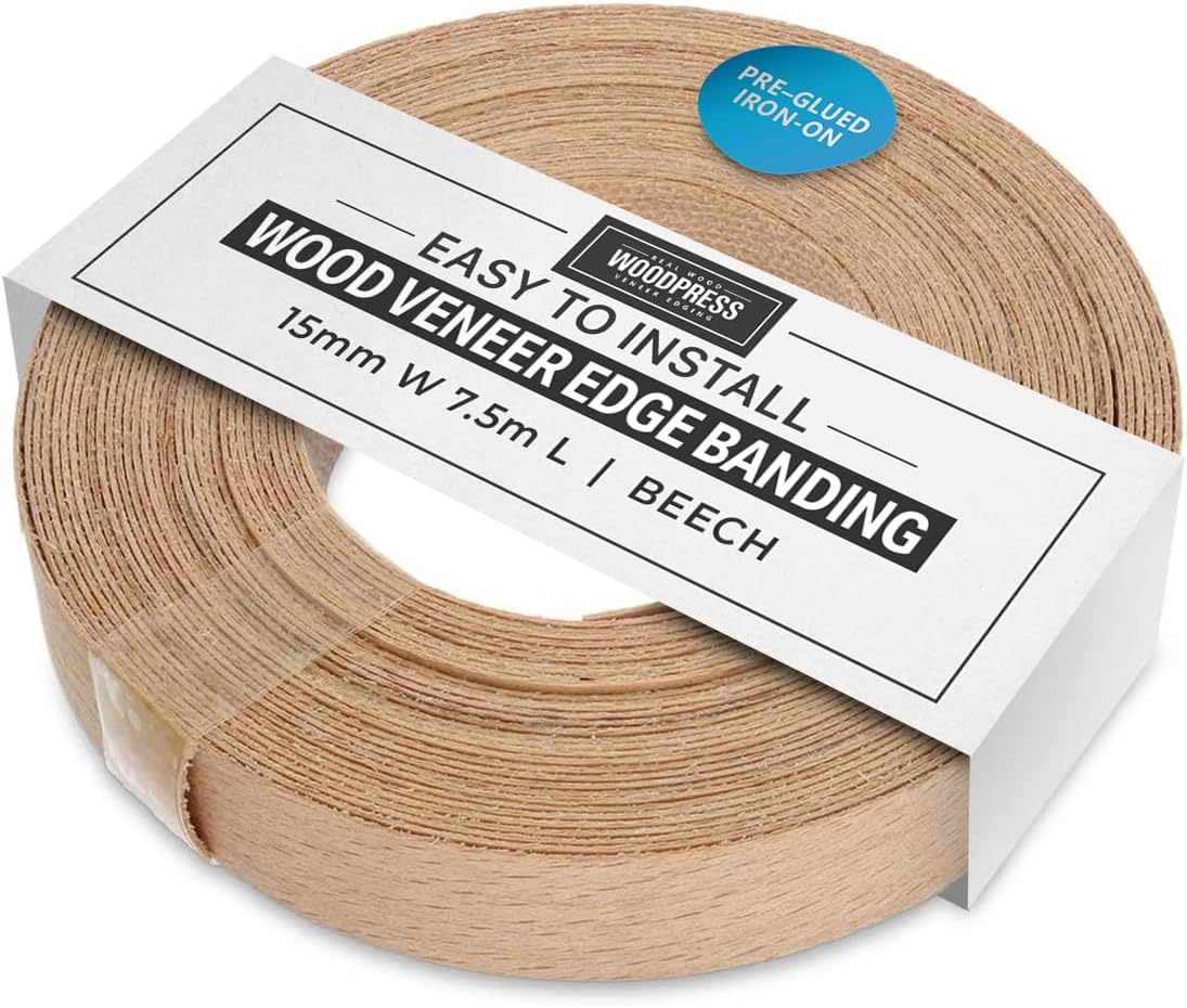 WoodPress 15mm Real Beech Edging Tape - 7.5m Iron On Edging Strip - Pre-Glued Wood Veneer Edging Tape for DIY Application - Edge Banding for Furniture Restoration - Hot-Melt Adhesive Wood Trim Edging