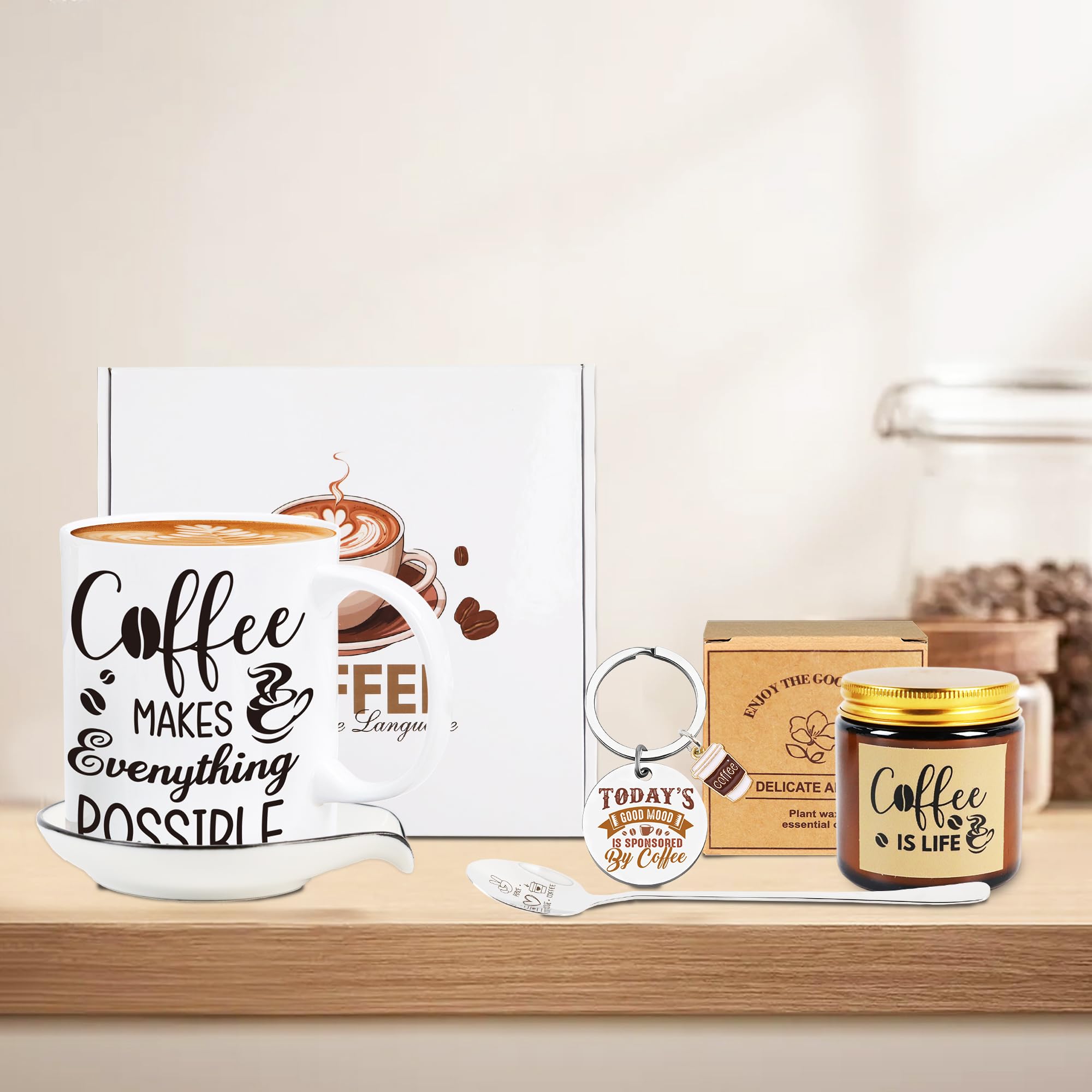 Coffe Gifts for Women, 6 Pcs Coffee Gift Basket, Includes Mug, Candle, Ceramic Coaster, Spoon, Keychain & Sock, Christmas Mother's Day Birthday Present for Coffee Lover