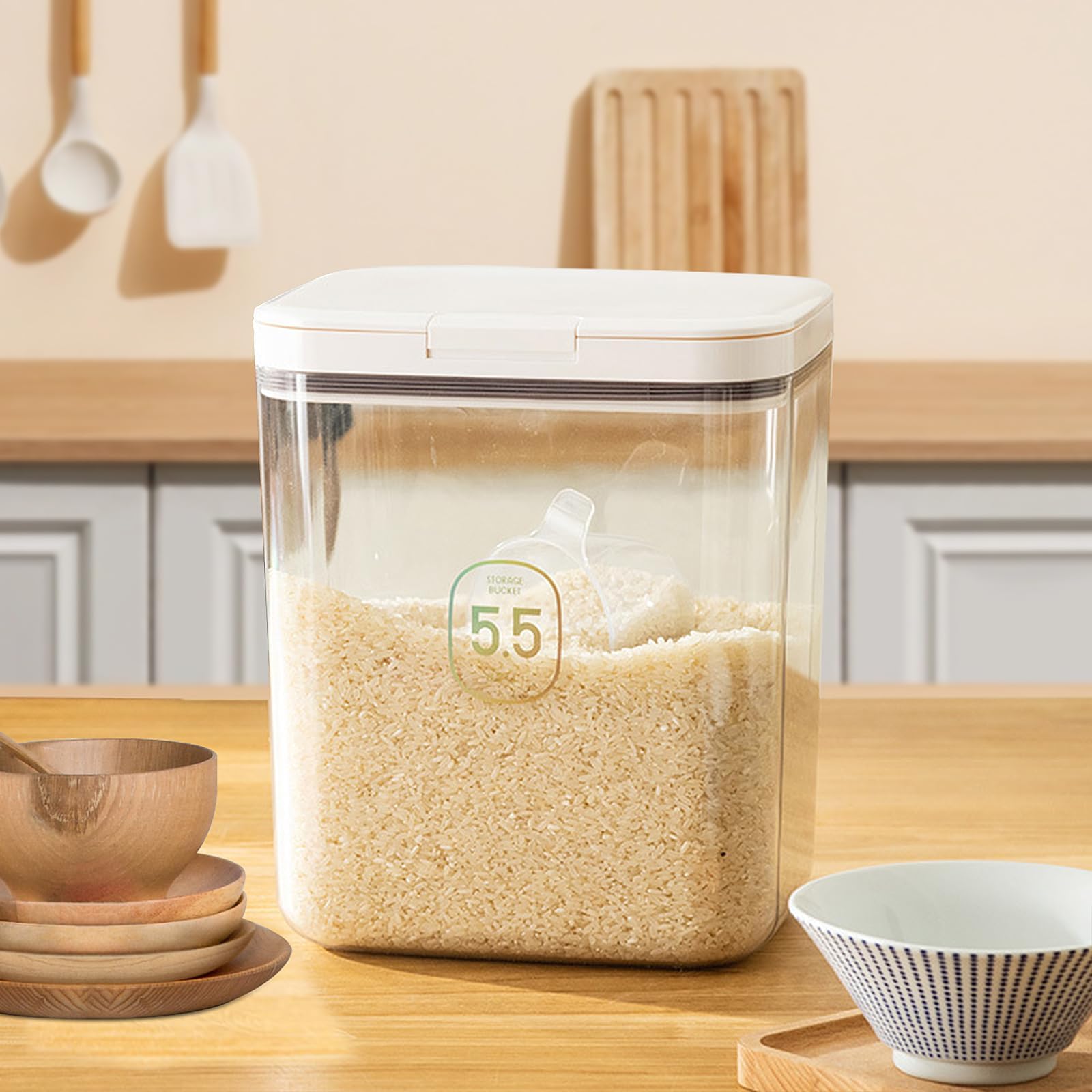 Distributeur De Riz 5 Kg à Double Bac - Distribution Par Pression, Couvercle | Organisateur Cuisine Céréales, Gain De Place