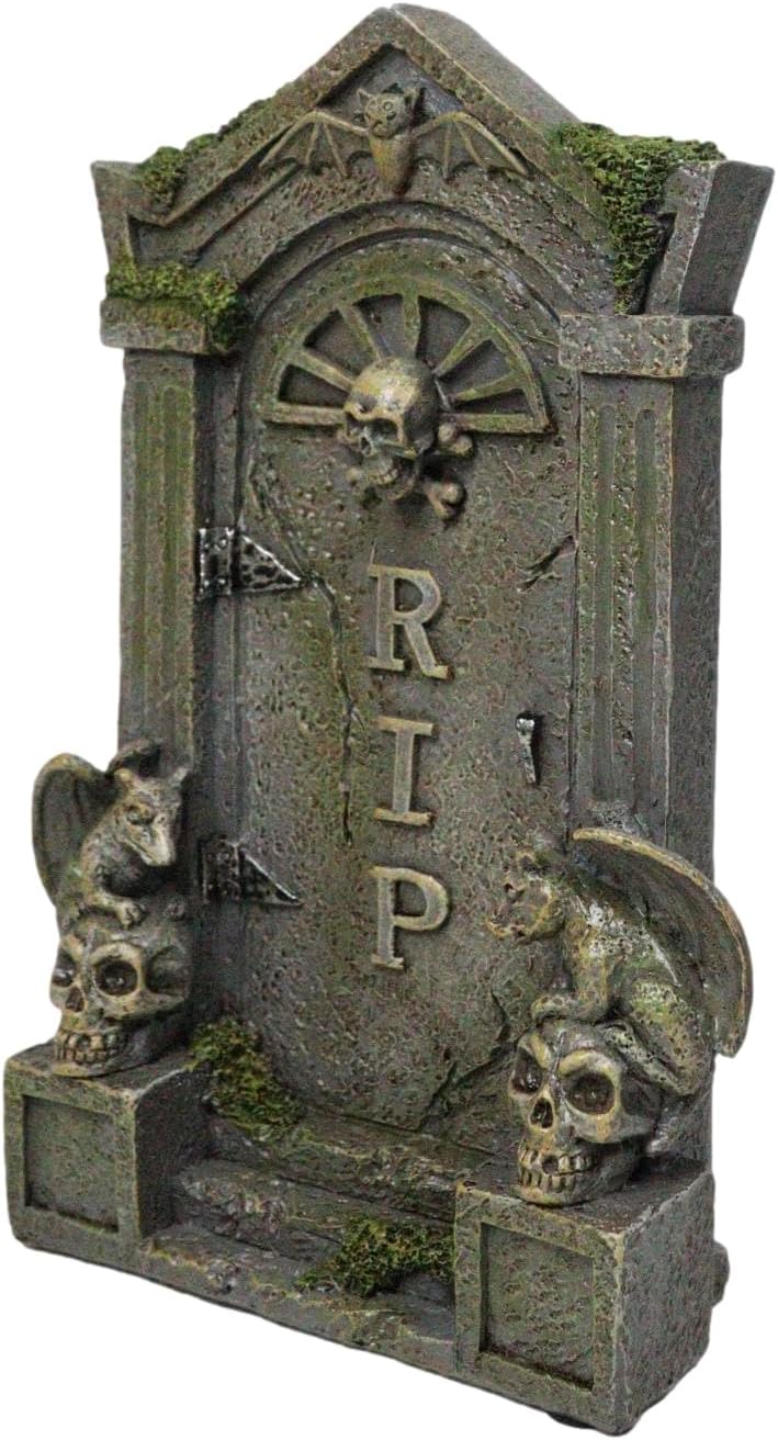 Ebros Gift Day of The Dead Gothic Skulls Night Bat and Gargoyles RIP Tombstone Figurine 7.75" High Ossuary Rest in Peace Graveyard Plaque Decor