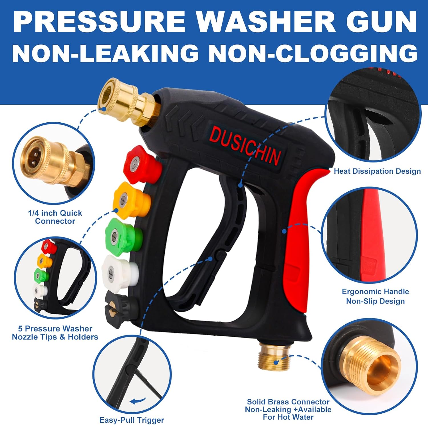 DUSICHIN Short Pressure Washer Wand High Spray Gun 5 Nozzle Holders 3000 PSI,Foam Cannon Attachment 1/4" Quick Connector Outlet,M22-14mm M22-15mm Fitting, Not fit for Garden Hose