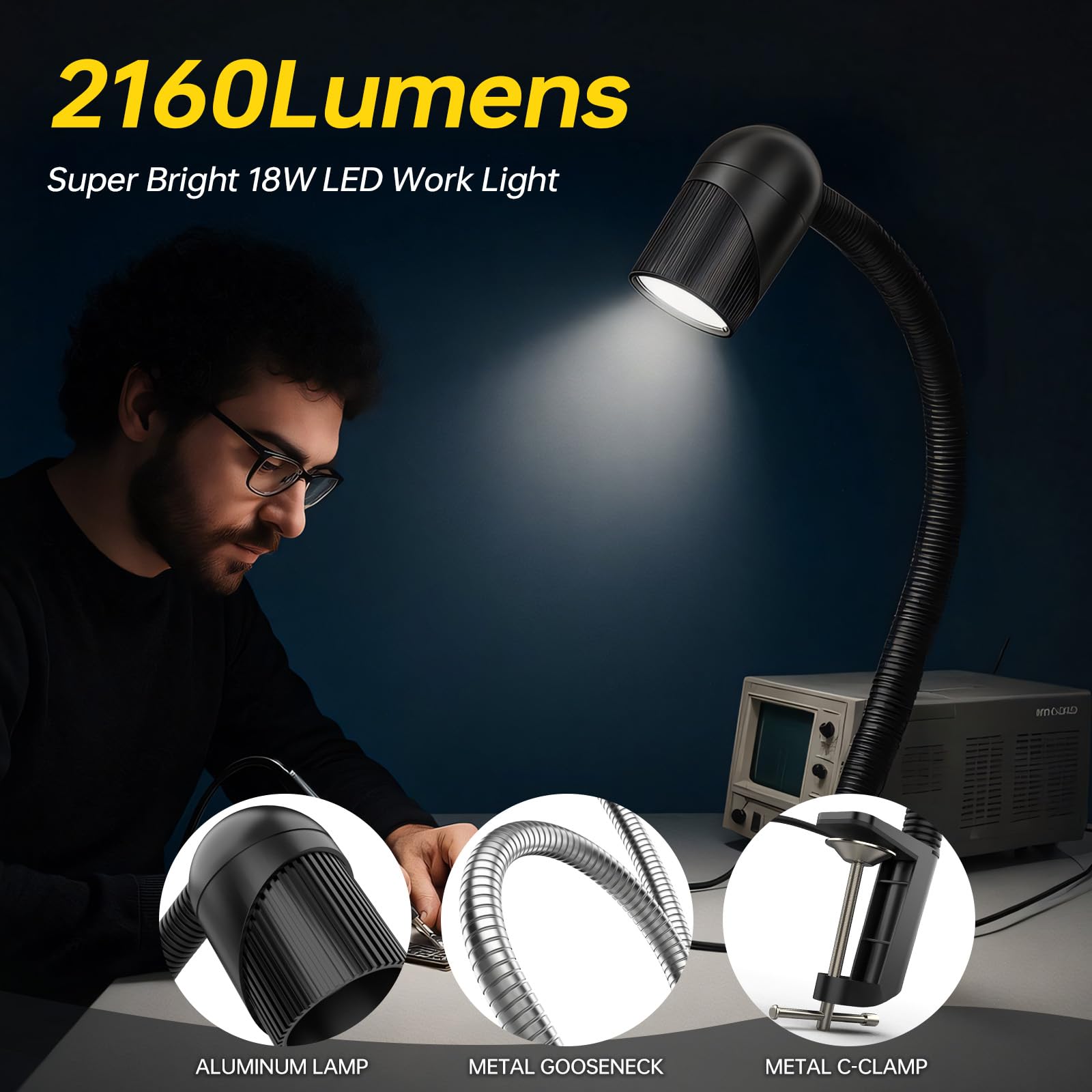 Nueva luz de abrazadera, luz de máquina de torno de 18 W, luz de trabajo flexible de 2160 lúmenes para fresadora CNC, iluminación de prensa de taladro (base de clip)